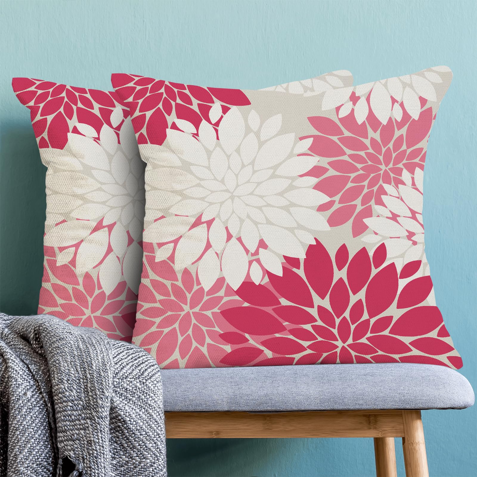 Cxmeifly Hot Pink White Summer Outdoor Pillow Covers 18X18 Inch Set Of 2 Blush Pink Dahlia Floral Decor Throw Pillows Modern Geo