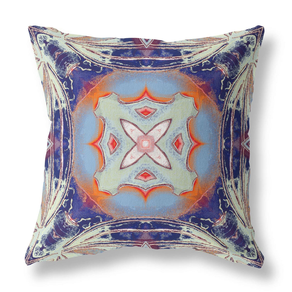 HomeRoots Cream Grey Indigo Light Blue Orange 16â€ Indigo Orange Geo Tribal Suede Throw Pillow