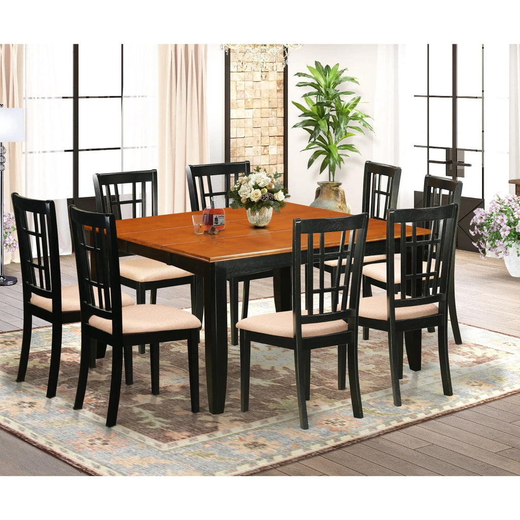 East West Furniture PFNI9-BCH-C 9 Piece Dining Table Set Includes a Square Dining Room Table with Butterfly Leaf and 8 Linen Fabric Upholstered Chairs, 54x54 Inch, Black & Cherry