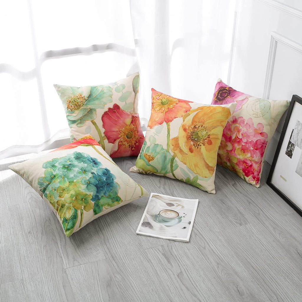 Artscope Set Of 4 Waterproof Throw Pillow Covers 16X16 Inches, Hydrangea And Lotus Pattern Decorative Cushion Covers, Perfect To Outdoor Patio Garden Living Room Sofa Farmhouse Decor