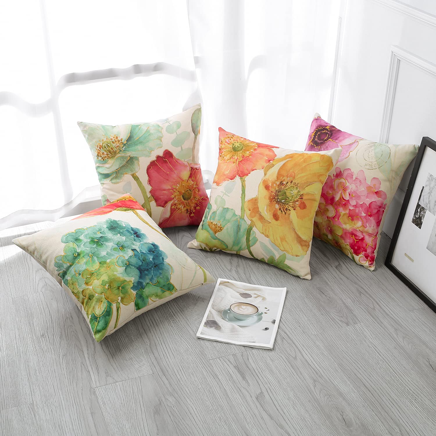 Artscope Set Of 4 Waterproof Throw Pillow Covers 16X16 Inches, Hydrangea And Lotus Pattern Decorative Cushion Covers, Perfect To Outdoor Patio Garden Living Room Sofa Farmhouse Decor