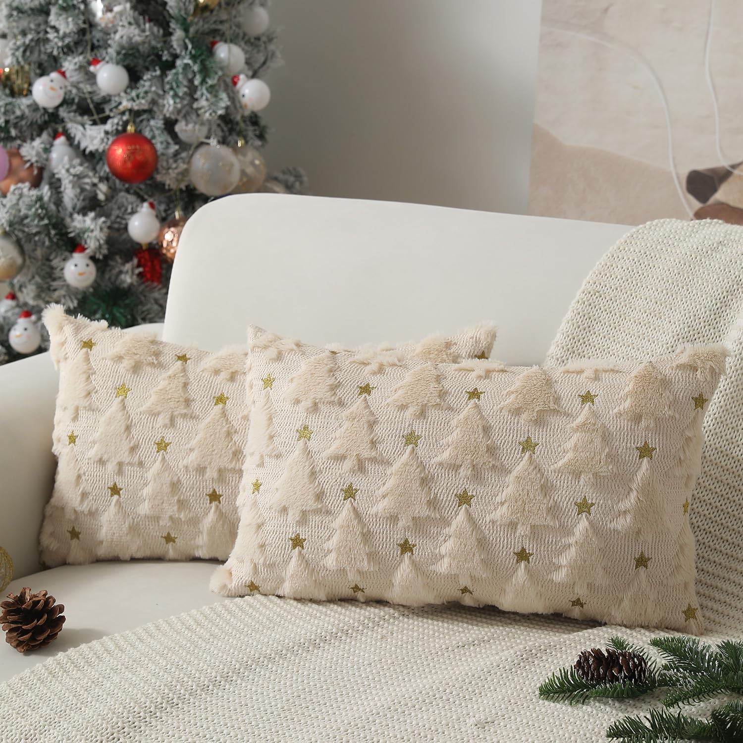 Allorry Christmas Pillow Covers 12 X 20 Inch Set Of 2 Beige Christmas Tree Pillow Covers Decorations Plush Faux Fur Soft Cushion
