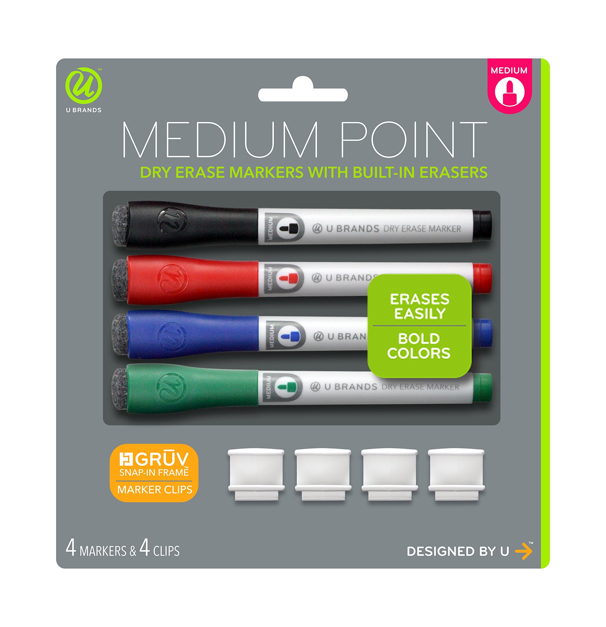 U Brands Low Odor Dry Erase Markers With Erasers, Medium Point, Assorted Classic Colors, With Gruv Marker Clips, 4-Count