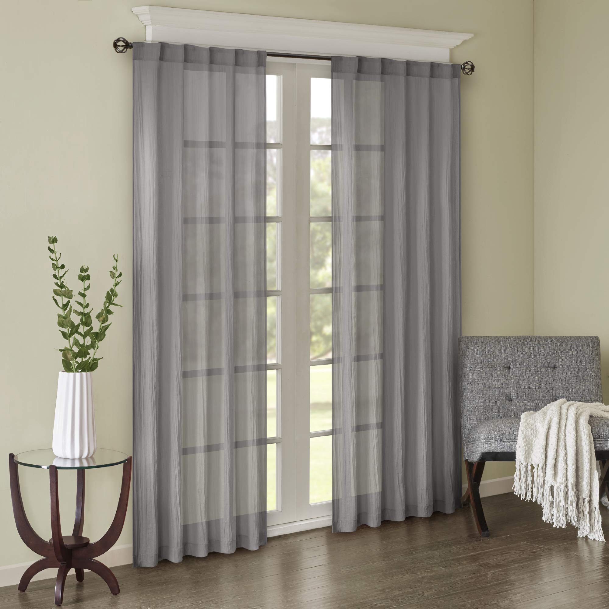 Madison Park Harper Sheer Bedroom, Modern Contemporary Window Curtain for Kitchen, Solid Fabric Panels, 42 x 63, Grey