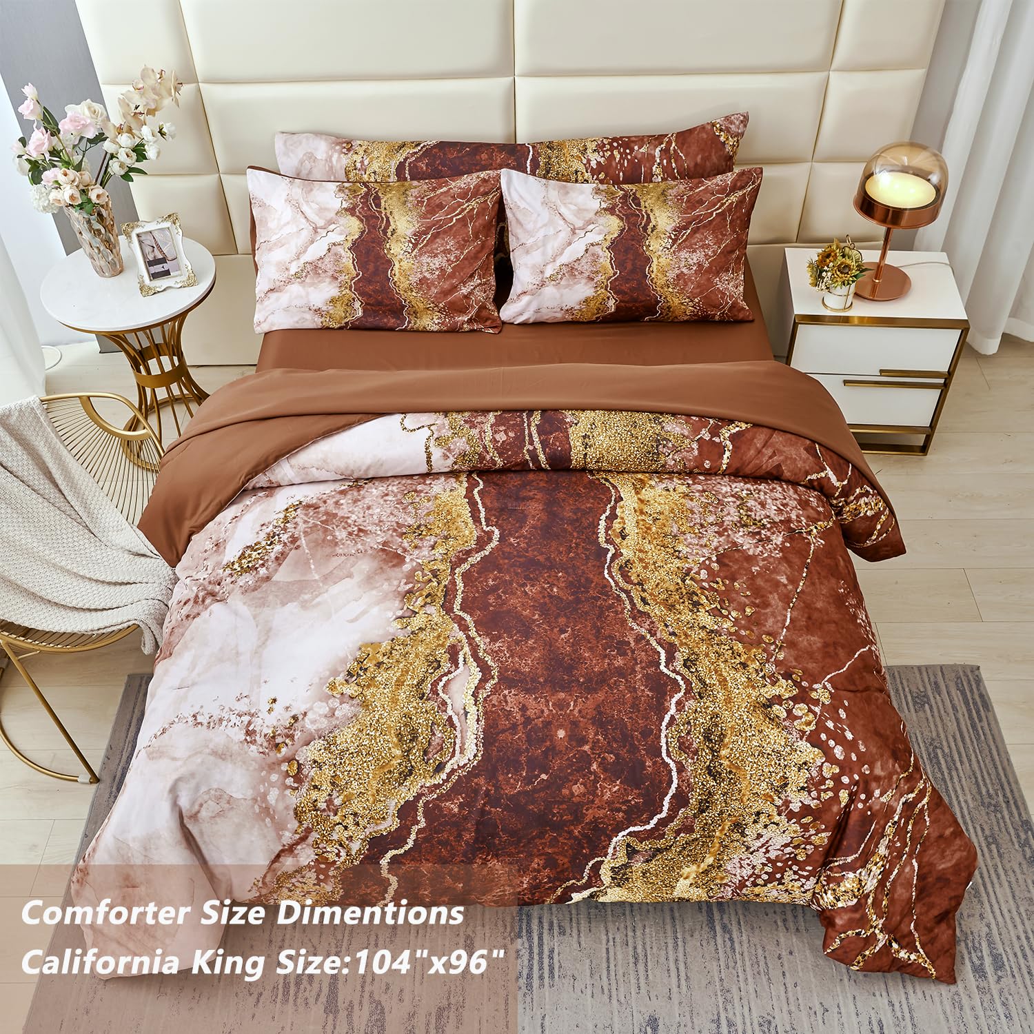 Perfemet 6 Pcs Marble Comforter Set California King Watercolor Tie Dye Printing Bedding With Sheets Abstract Artwork Brown And G