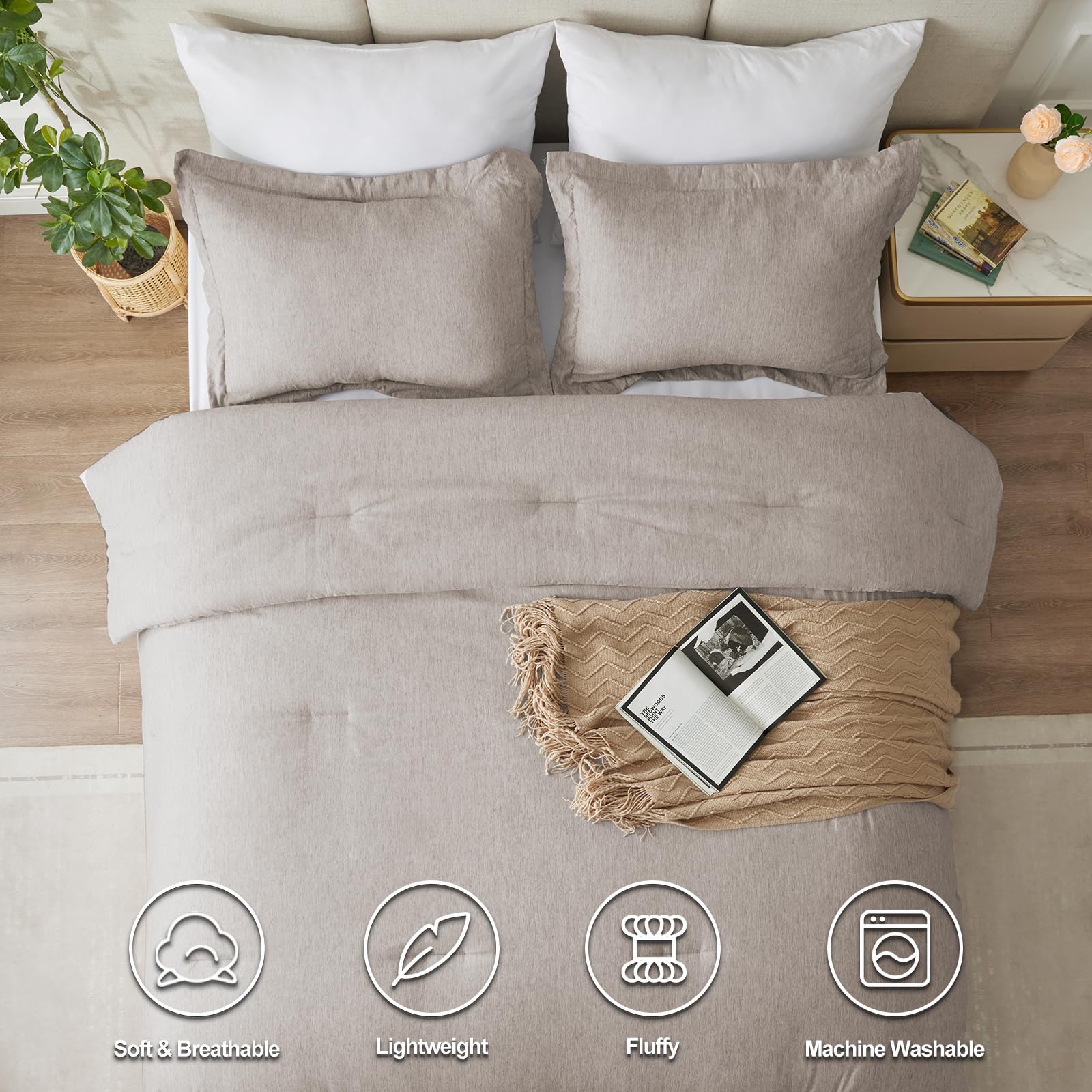 Cozylux Queen Size Comforter Set - 3 Pieces Linen Soft Luxury Cationic Dyeing Bedding Comforter For All Season, Breathable Lightweight Fluffy Boho Bed Sets With 1 Comforter And 2 Pillow Shams