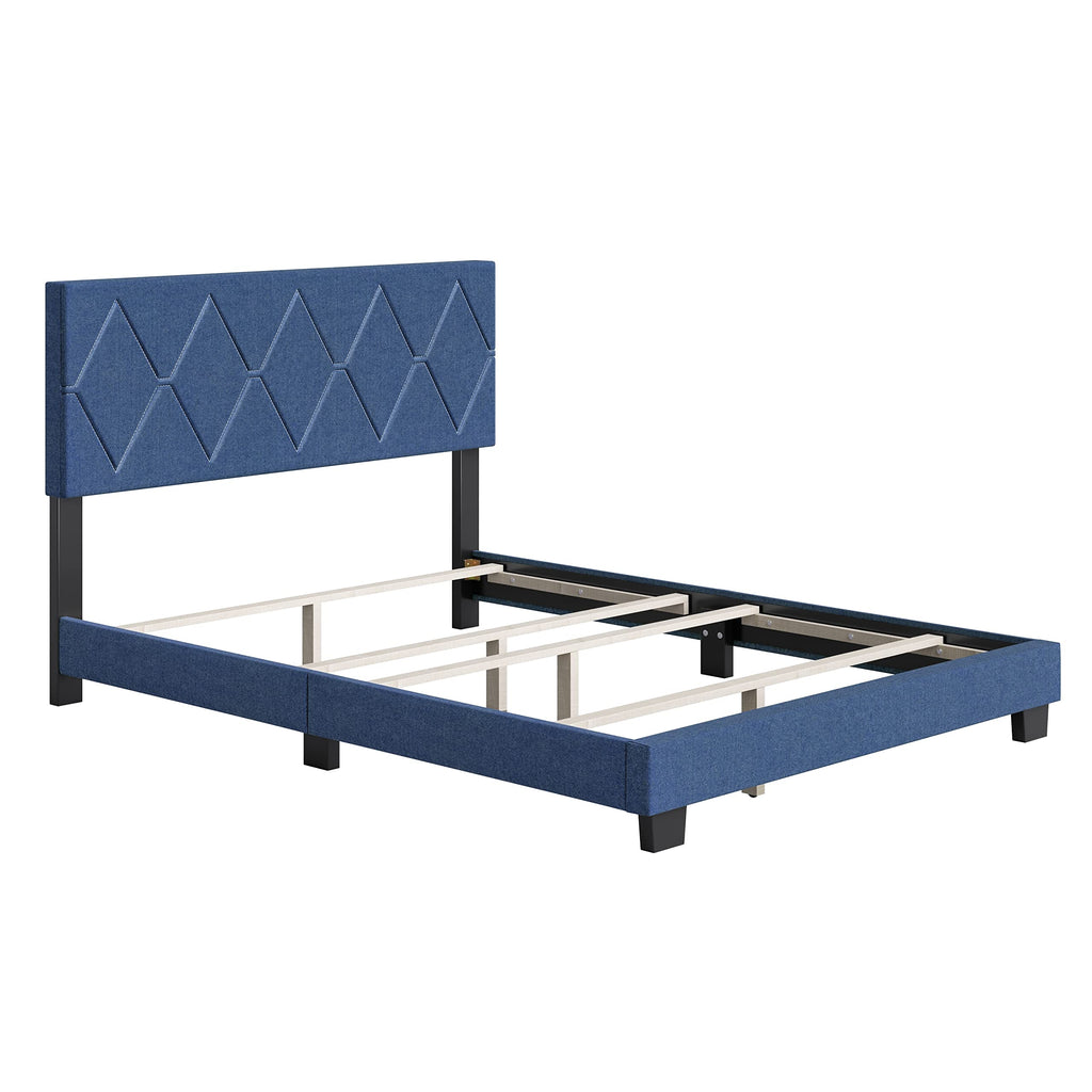 Boyd Sleep Diamond Upholstered Platform Bed with Headboard and Durable Mattress Foundation with Strong 4 Wood Slat Supports, Box Spring Required: Queen, Blue