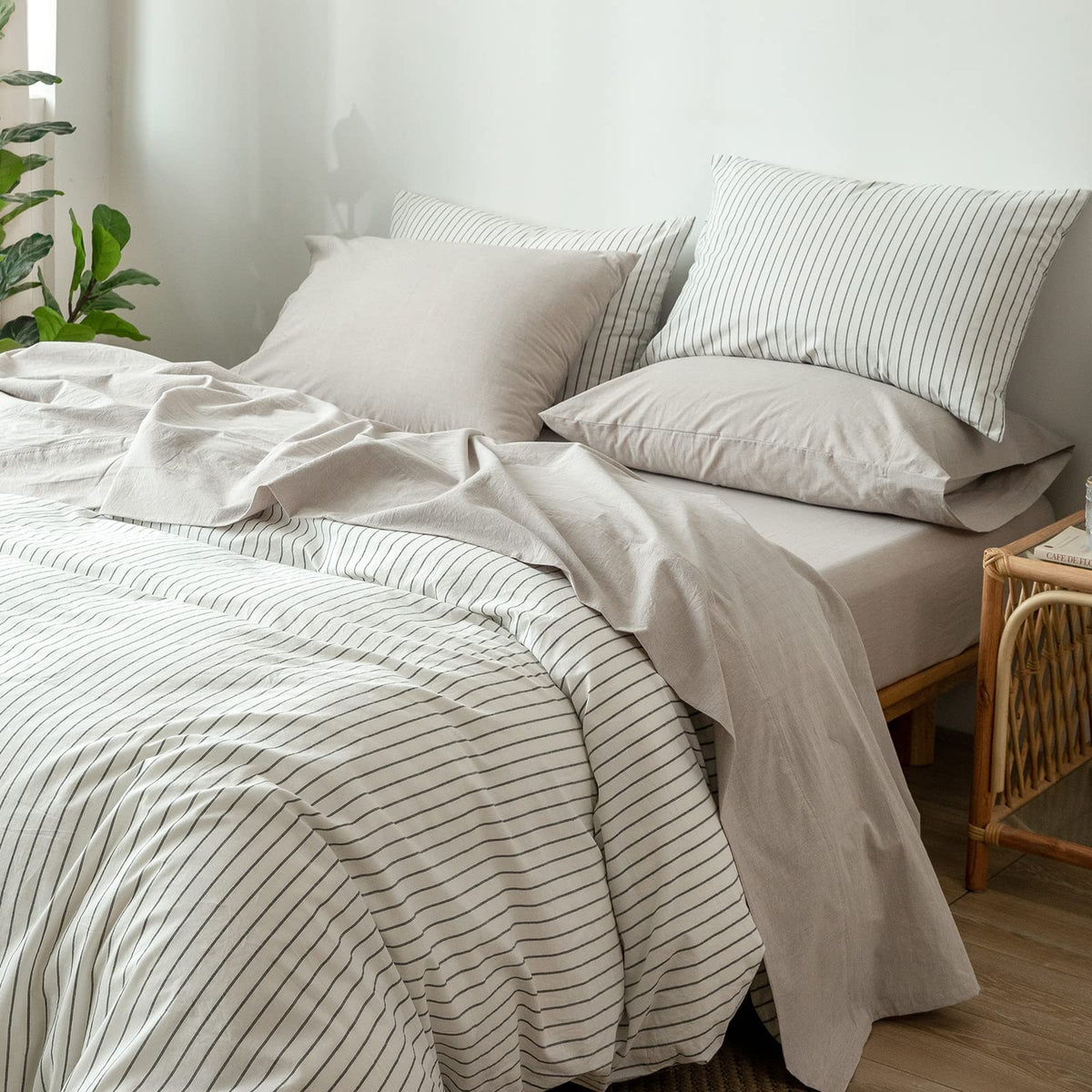 Moomee Bedding Sheet Set 100% Washed Cotton Linen Like Textured Breathable Durable Soft Comfy (Tannish Linen Grey, Twin Xl)