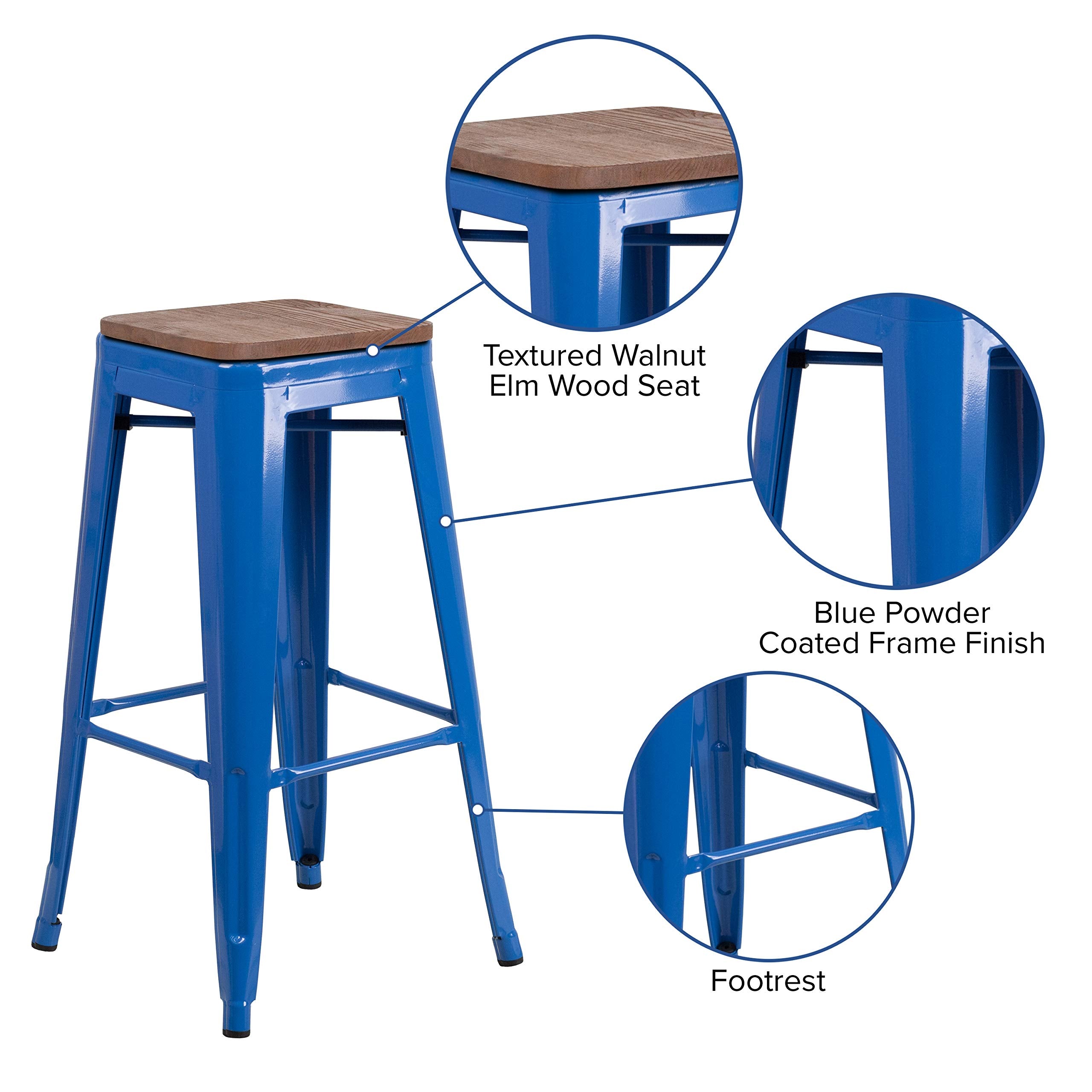 Flash Furniture Lily 30&quot; High Backless Blue Metal Barstool with Square Wood Seat