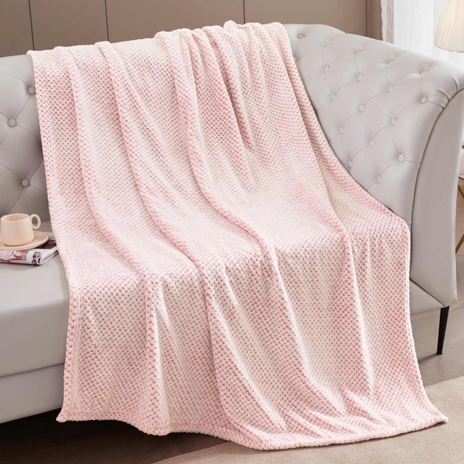Exclusivo Mezcla Waffle Textured Mixed Pink Fleece Blanket, Super Soft And Warm 50X70 Inches Throw Blanket For Couch, Cozy, Fuzz