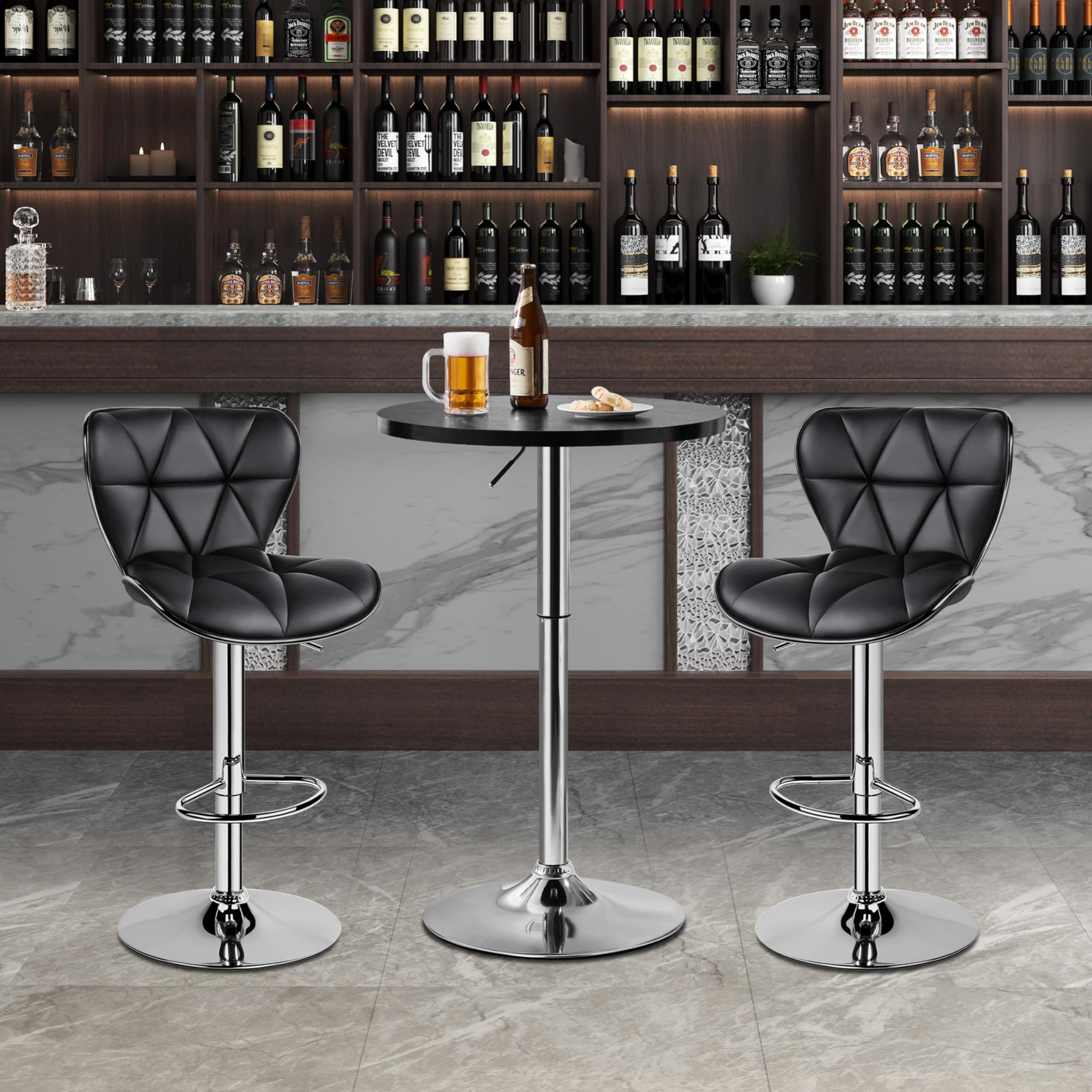 Yaheetech Round Bar Table, Adjustable Height And 360° Swivel Pub Tables, Cocktail Table With Mdf Top, Silver Leg Base For Bar, Bistro, Café, Black