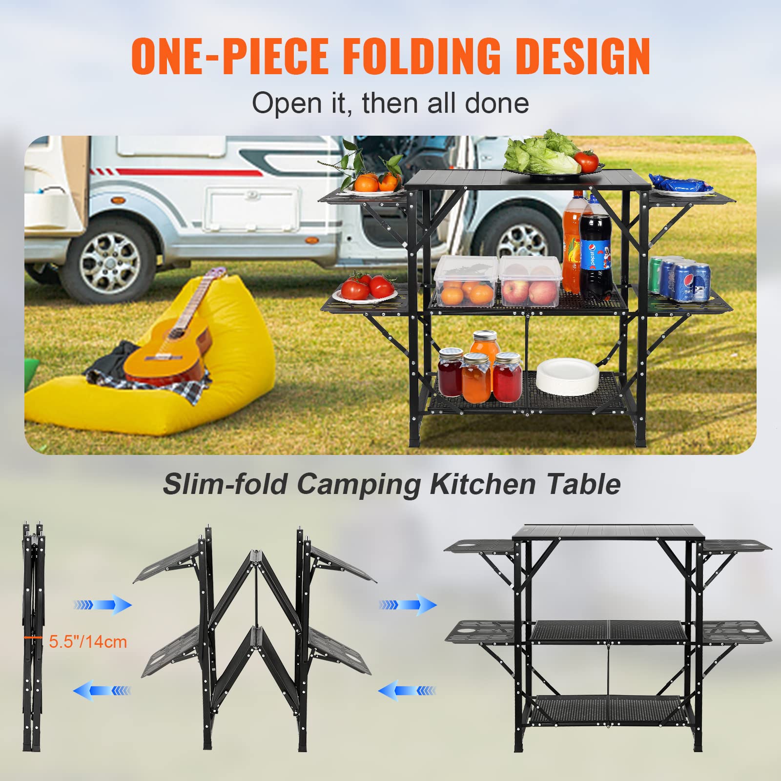 Vevor Camping Kitchen Table, Aluminum Folding Portable Outdoor Cook Station With 4 Iron Side, 2 Shelves & Carrying Bag, Quick Installation For Picnic Bbq Beach Traveling