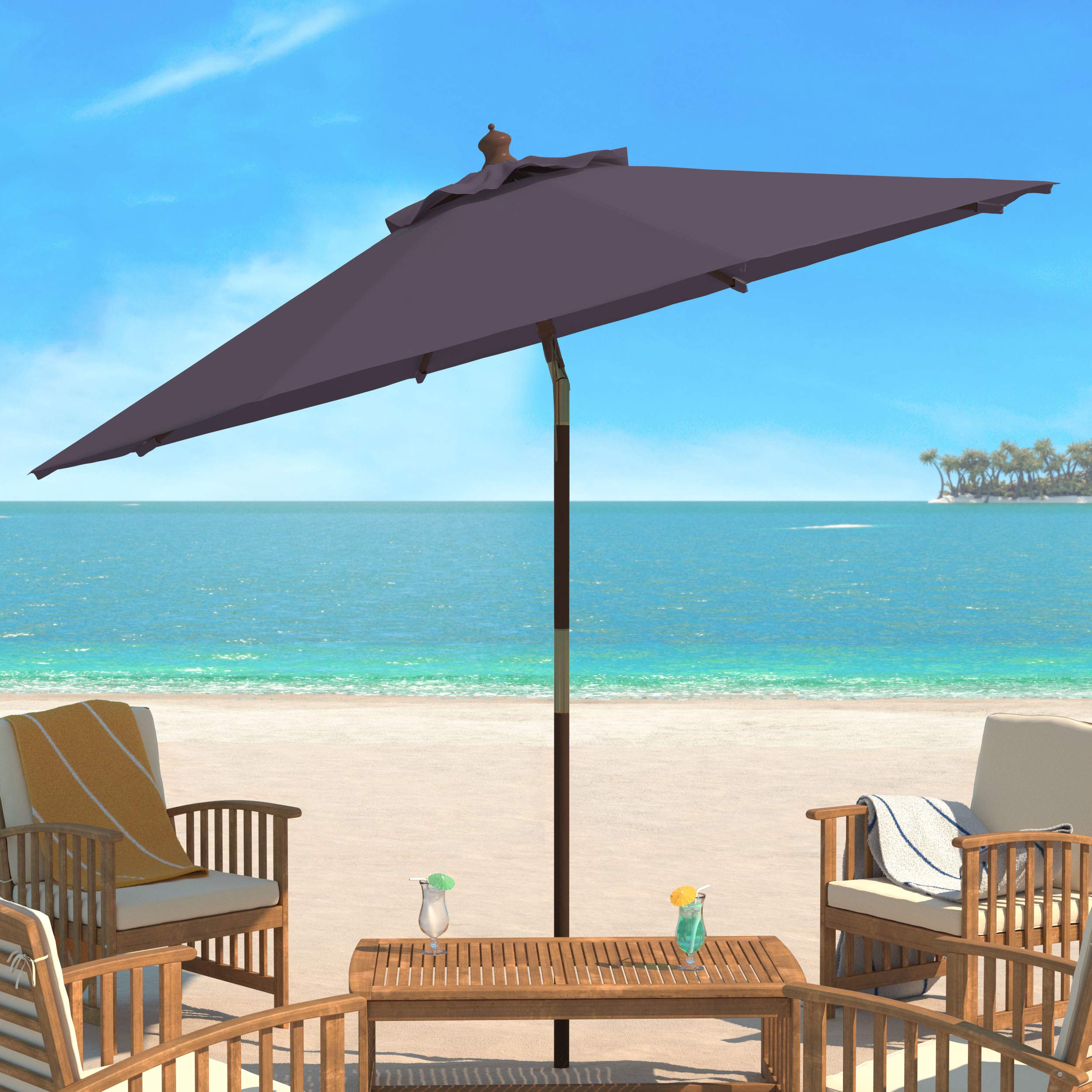 Safavieh Pat8109B Outdoor Collection Cannes Grey 11-Foot Wooden Pulley Market Umbrella