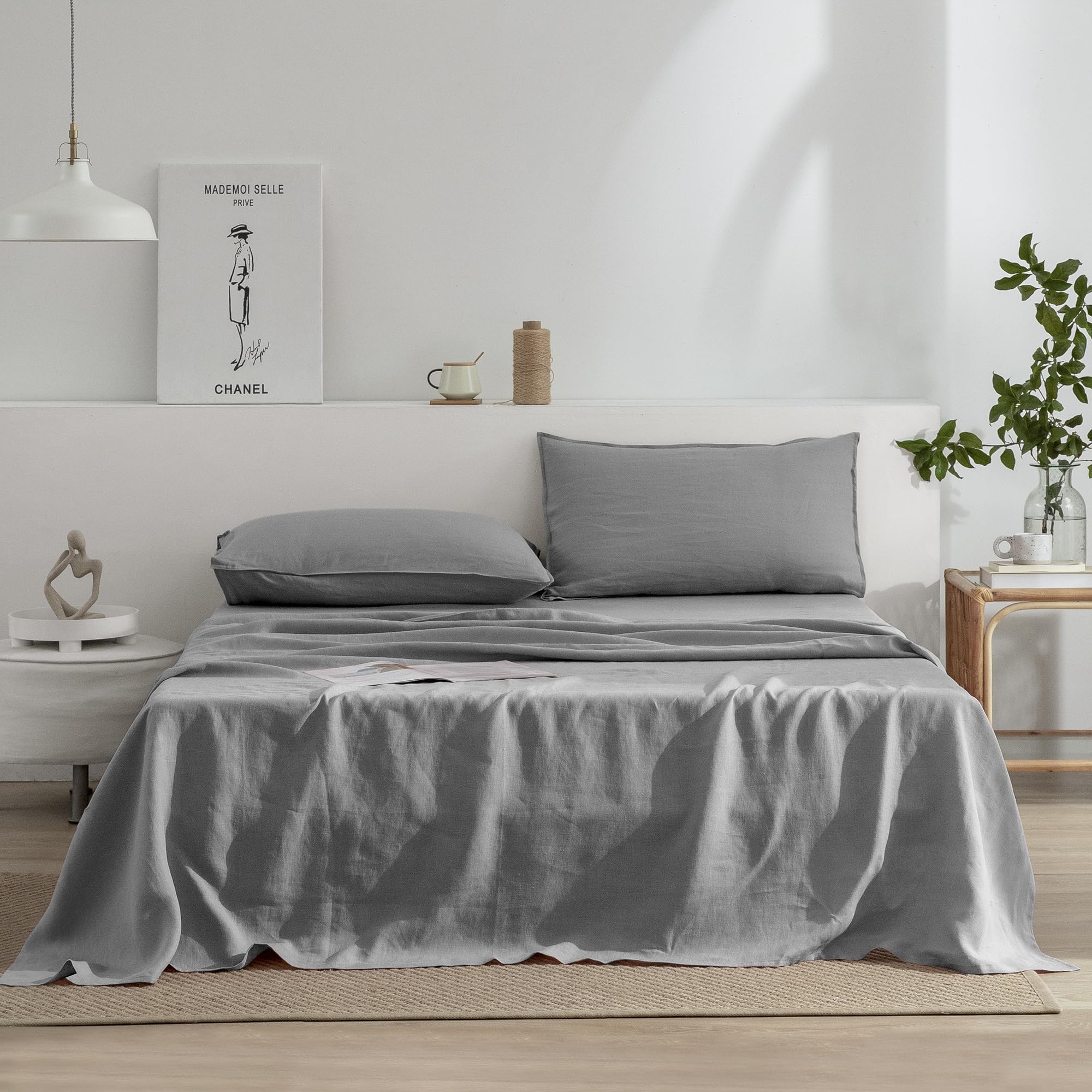 EVERLY Linen Sheets California King Size 100% French Stonewash Pure Linen Bed Sheets 4Pieces (1Flat Sheet,1Fitted Sheet,2Pillowc