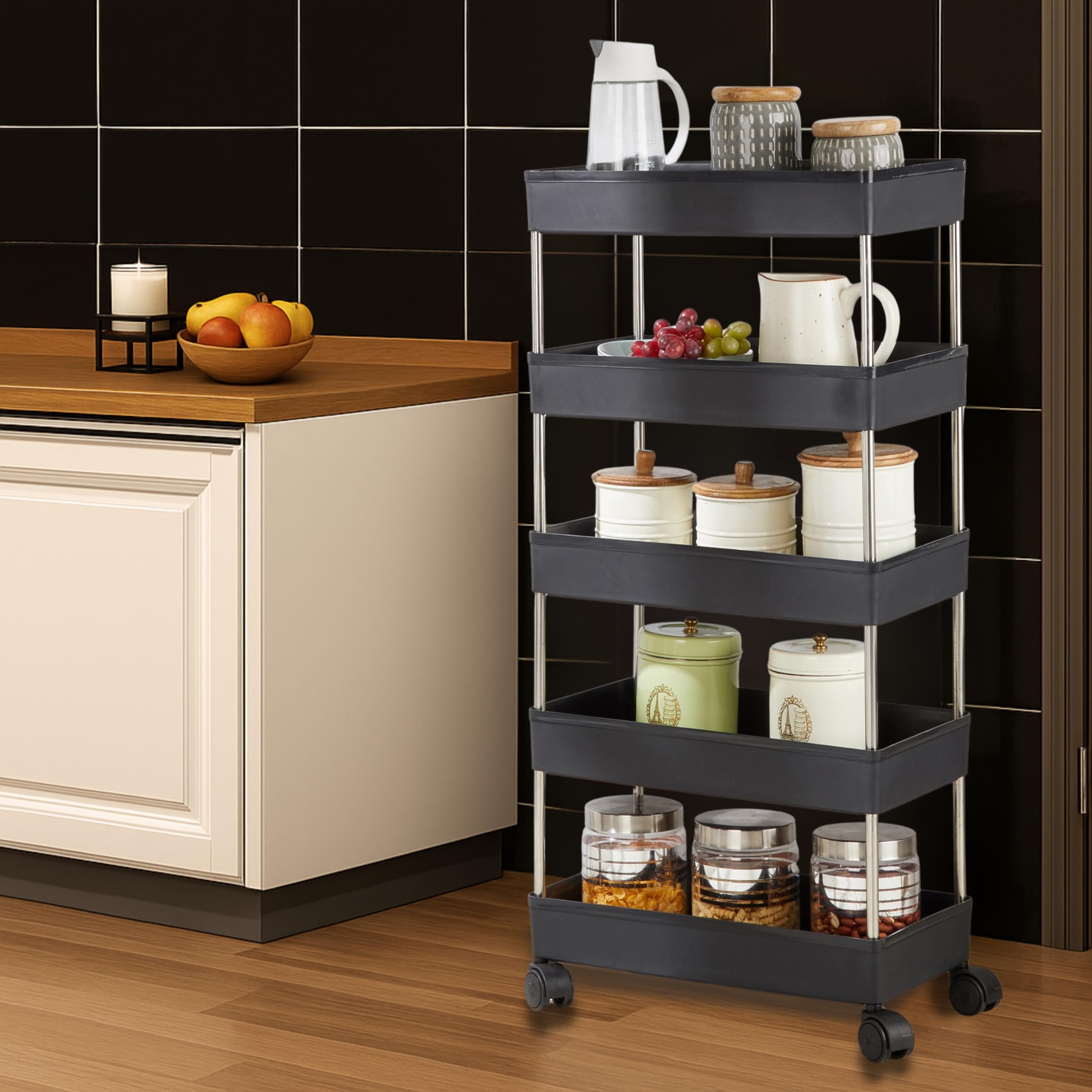 Amazon Brand  Solimo 5Tier Stainless Steel Kitchen Trolley Rack With Wheels | Modular Storage Shelf For Vegetables, Fruits, Sp