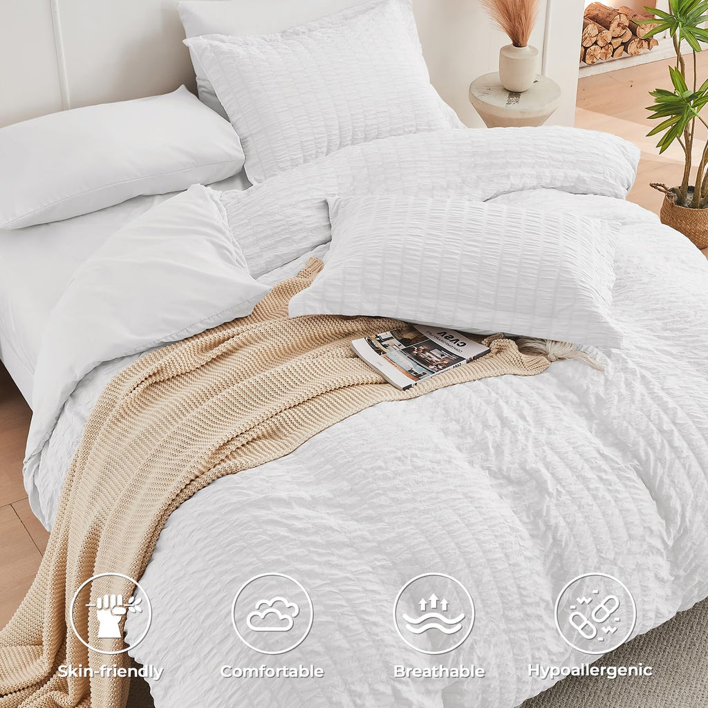 Hymokege White Full Size Comforter Sets Seersucker 7 Pieces, All Season Luxury Bed In A Bag For Bedroom, Bedding Set With Comfor