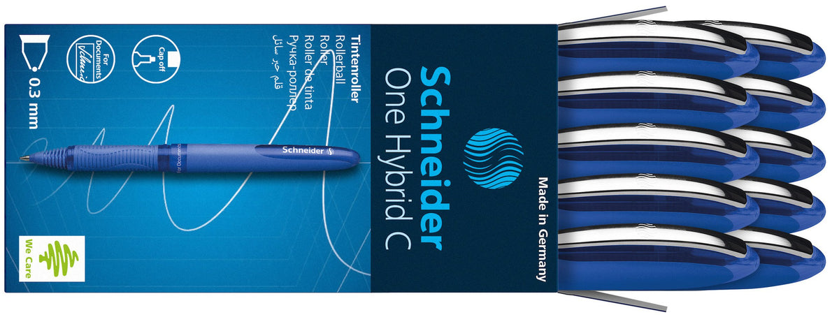 Schneider One Hybrid C Rollerball Pen, 0.3 Mm Hybrid Conical Tip, Light Blue Barrel, Blue Ink, Box Of 10 Pens (183103)