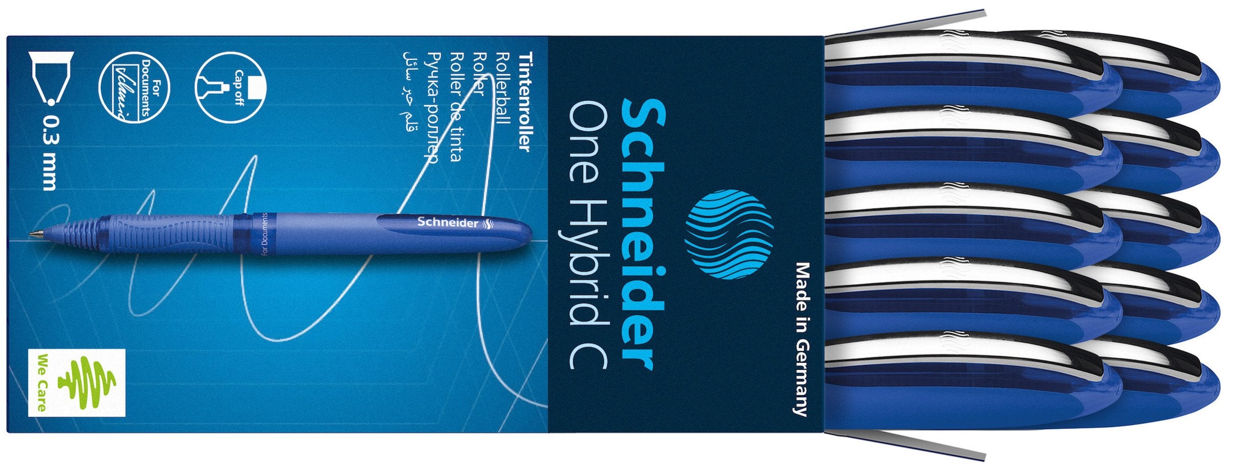 Schneider One Hybrid C Rollerball Pen, 0.3 Mm Hybrid Conical Tip, Light Blue Barrel, Blue Ink, Box Of 10 Pens (183103)
