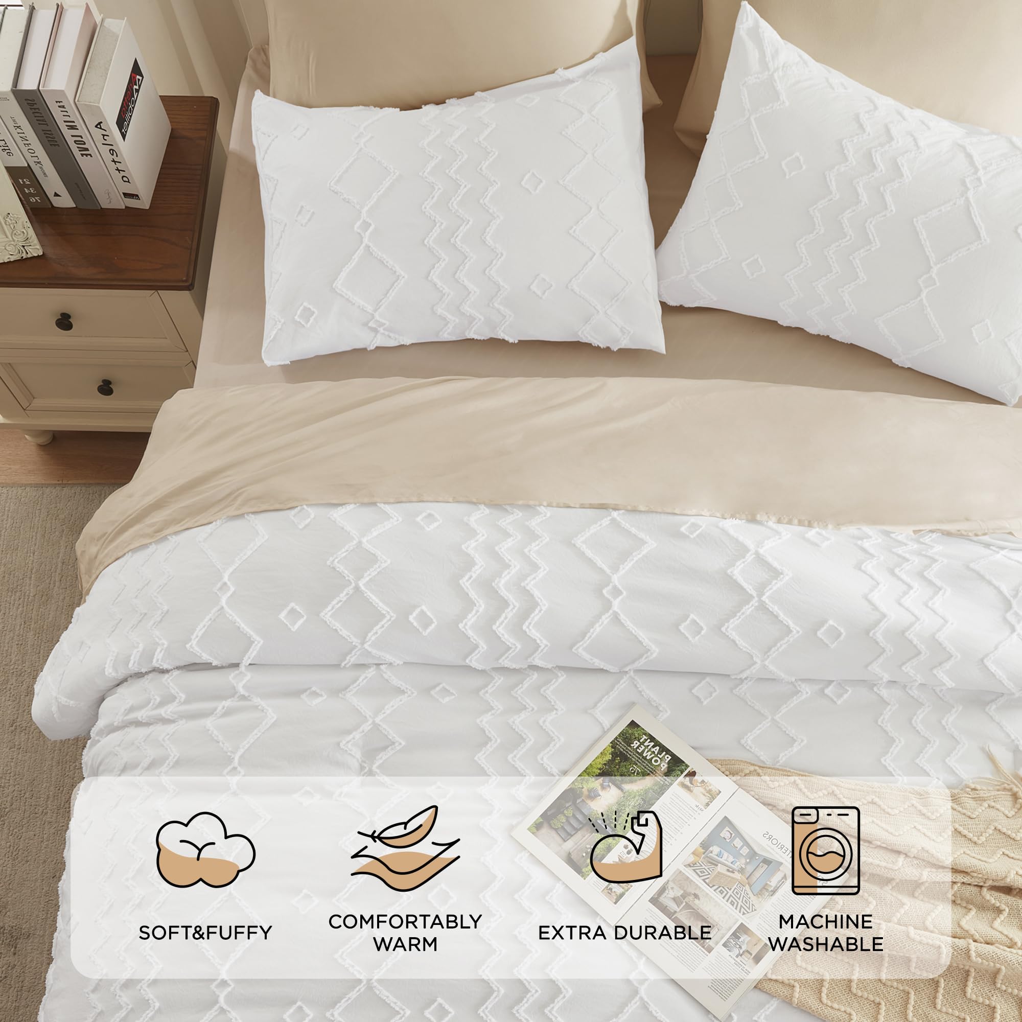 Andency White Tufted Comforter Set California King(104X96Inch), 3 Pieces(1 Boho Comforter, 2 Pillowcases) Textured Farmhouse Comforter, Soft Microfiber Down Alternative Geometric Comforter Bedding Set