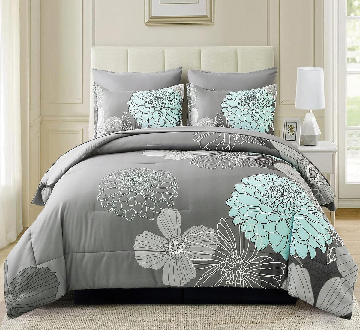 Yiran California King Comforter Set Grey Floral Comforter For All Season Cal King Soft Microfiber Bedding Set,7 Pieces,104'X96'