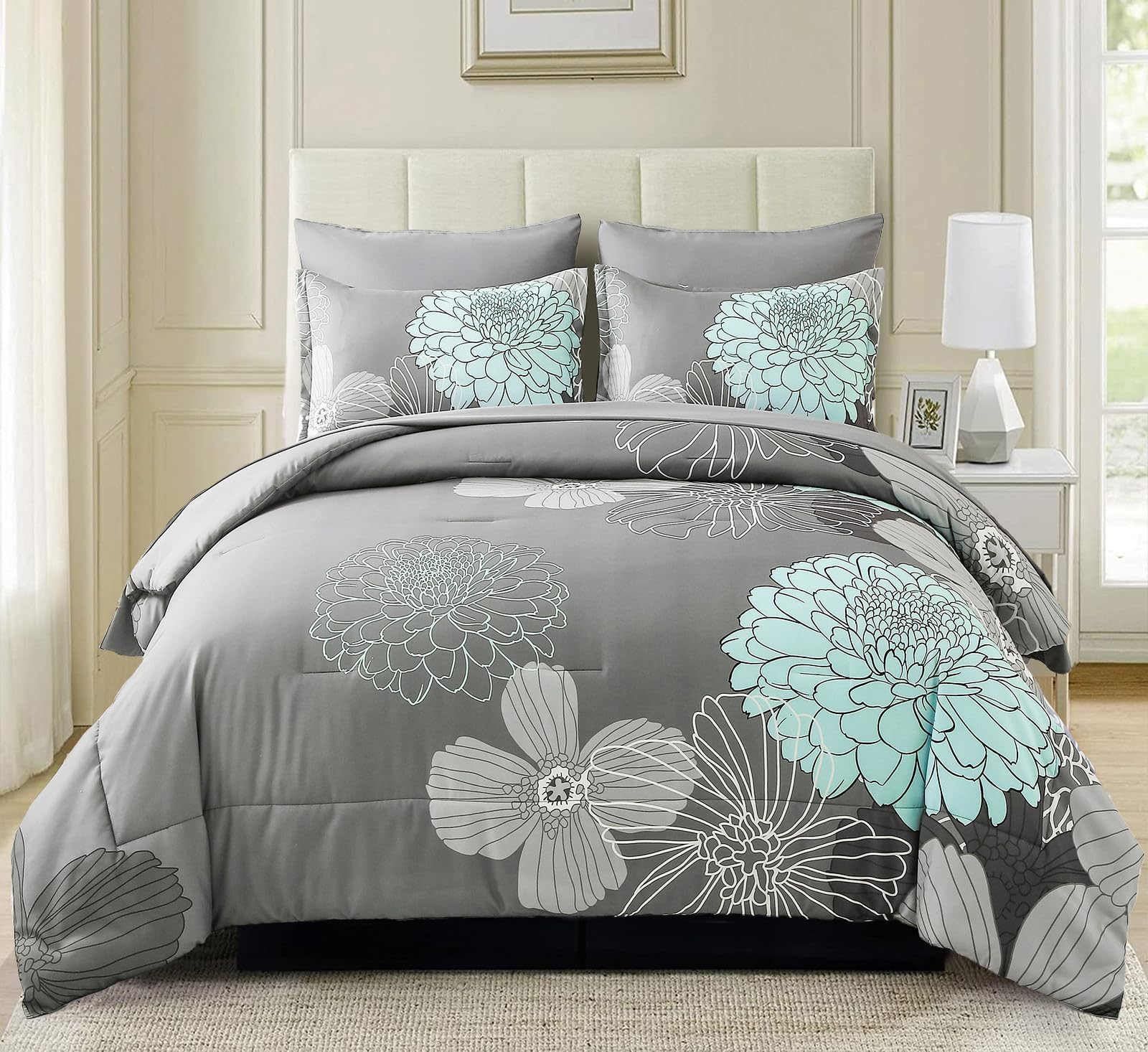 Yiran California King Comforter Set Grey Floral Comforter For All Season Cal King Soft Microfiber Bedding Set,7 Pieces,104'X96'