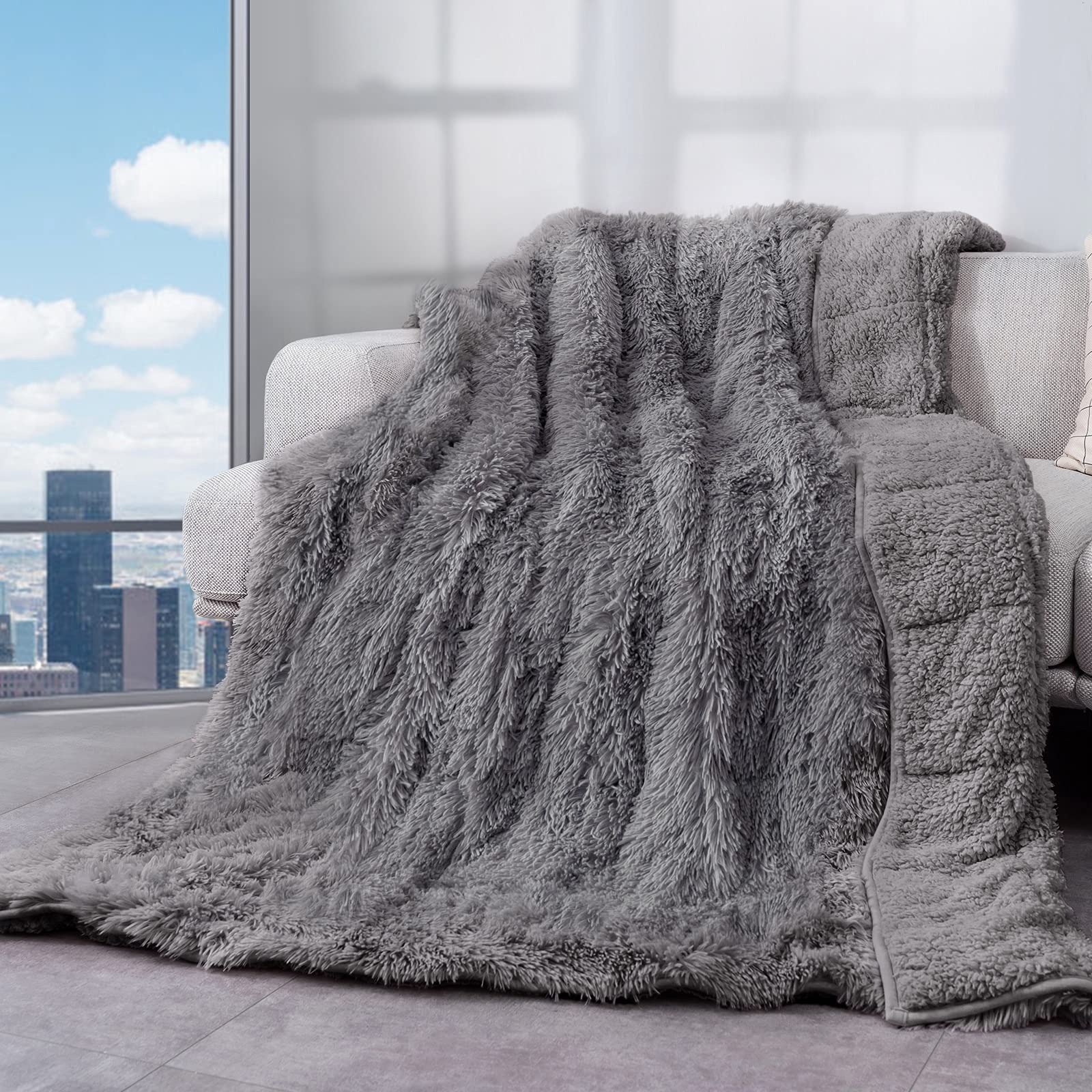 Cottonblue Faux Fur Reversible Sherpa Weighted Blanket 15Lbs,Luxury Snugly Long Fur Warm Heavy Blanket 60X80 Inches,Super Soft F