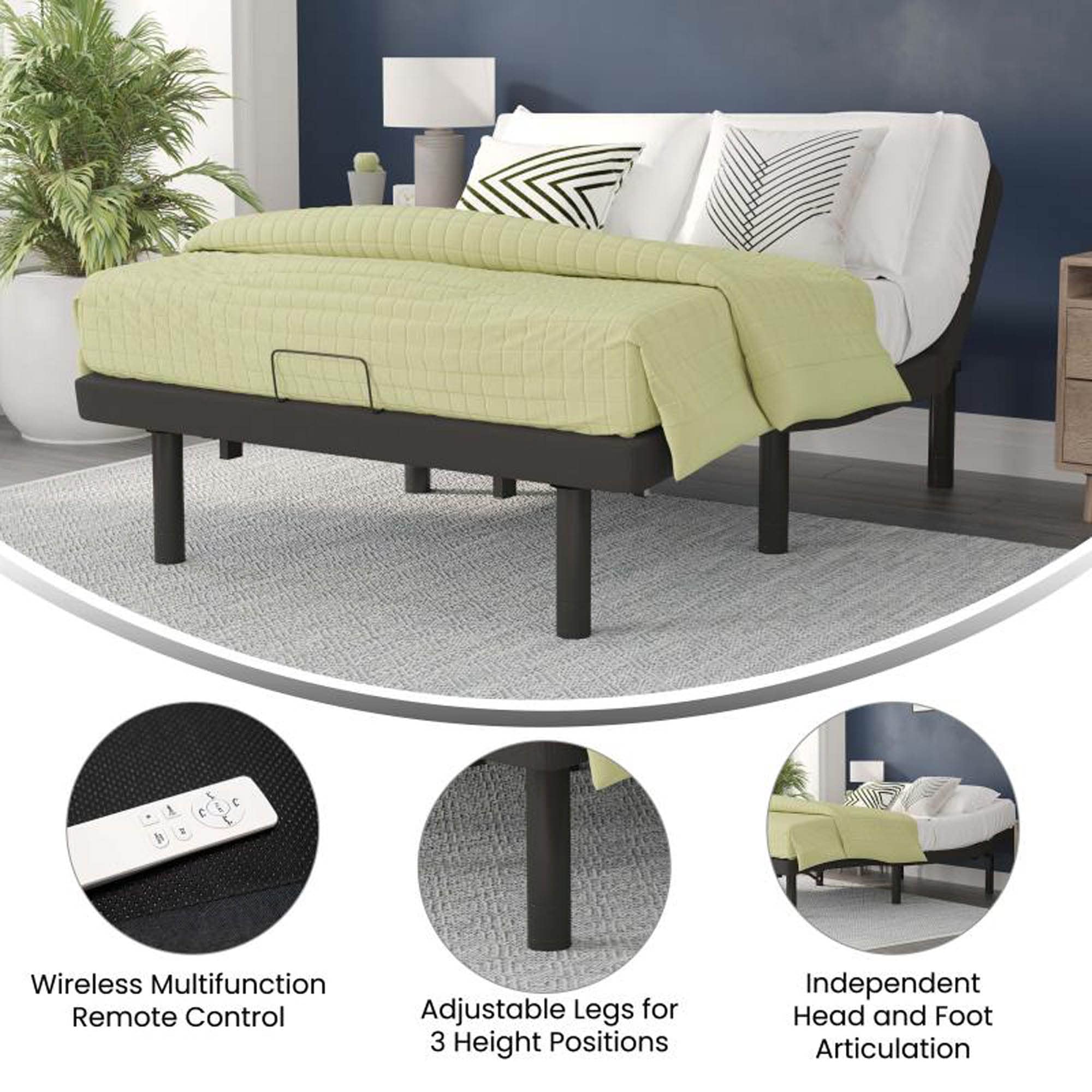 Flash Furniture Selene Adjustable Bed Base-Black Anti-Skid Upholstery-Height Adjustable Legs-Programmable Wireless Remote-Independent Head/Foot Incline-Full