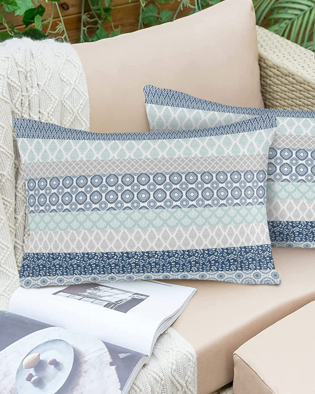 Outdoor Waterproof Throw Pillow Covers Set Of 2 Blue Boho Stripe Tribal Vingtage Lumbar Pillowcases 20X12 Inches Bohemian Style