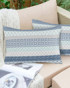 Outdoor Waterproof Throw Pillow Covers Set Of 2 Blue Boho Stripe Tribal Vingtage Lumbar Pillowcases 20X12 Inches Bohemian Style