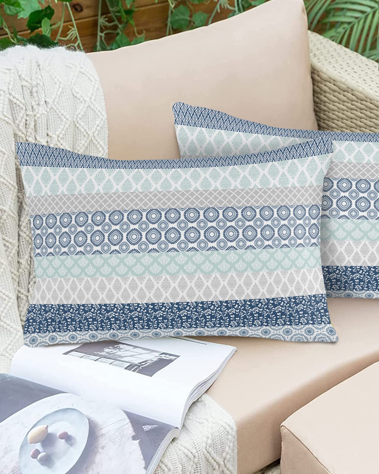 Outdoor Waterproof Throw Pillow Covers Set Of 2 Blue Boho Stripe Tribal Vingtage Lumbar Pillowcases 20X12 Inches Bohemian Style