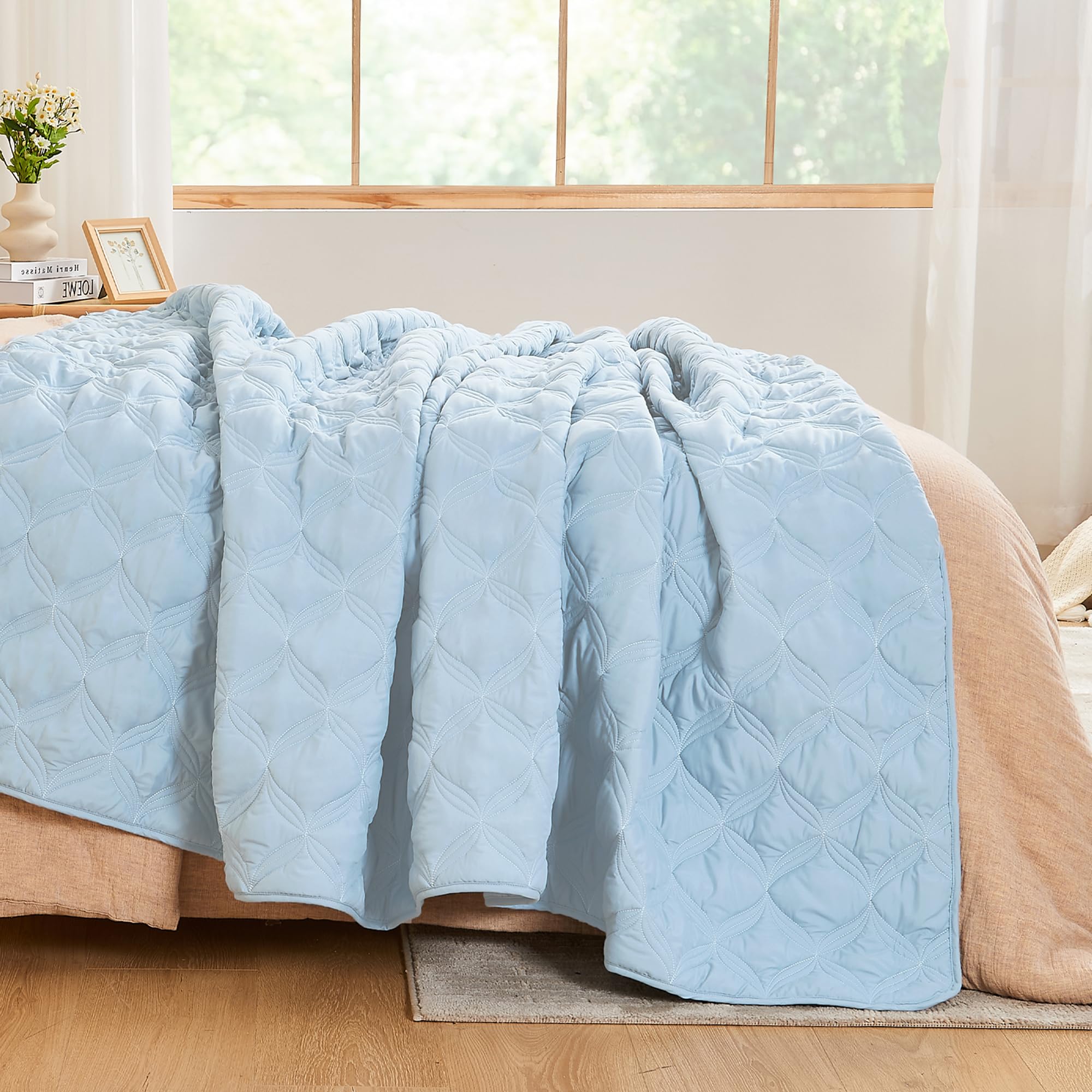 Litanika King Size Quilt Bedding Set, Light Blue Summer Lightweight Soft Comforter Bedspreads & Coverlets, Boho Farmhouse Beddin