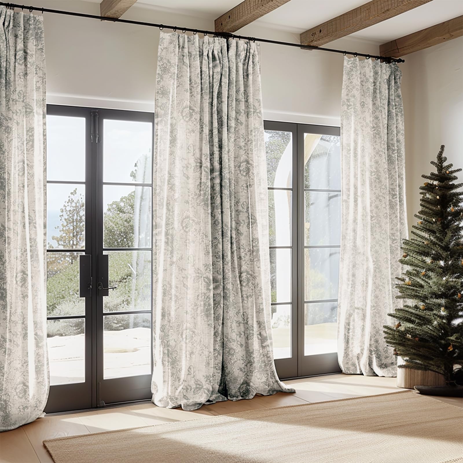 Jinchan Linen Blend Curtains Floral Curtains For Living Room 108 Inch Length Grey Printed Curtains Rod Pocket Back Tab Farmhouse Peony Flower Patterned Drapes Bedroom Window Curtain Set 2 Panels