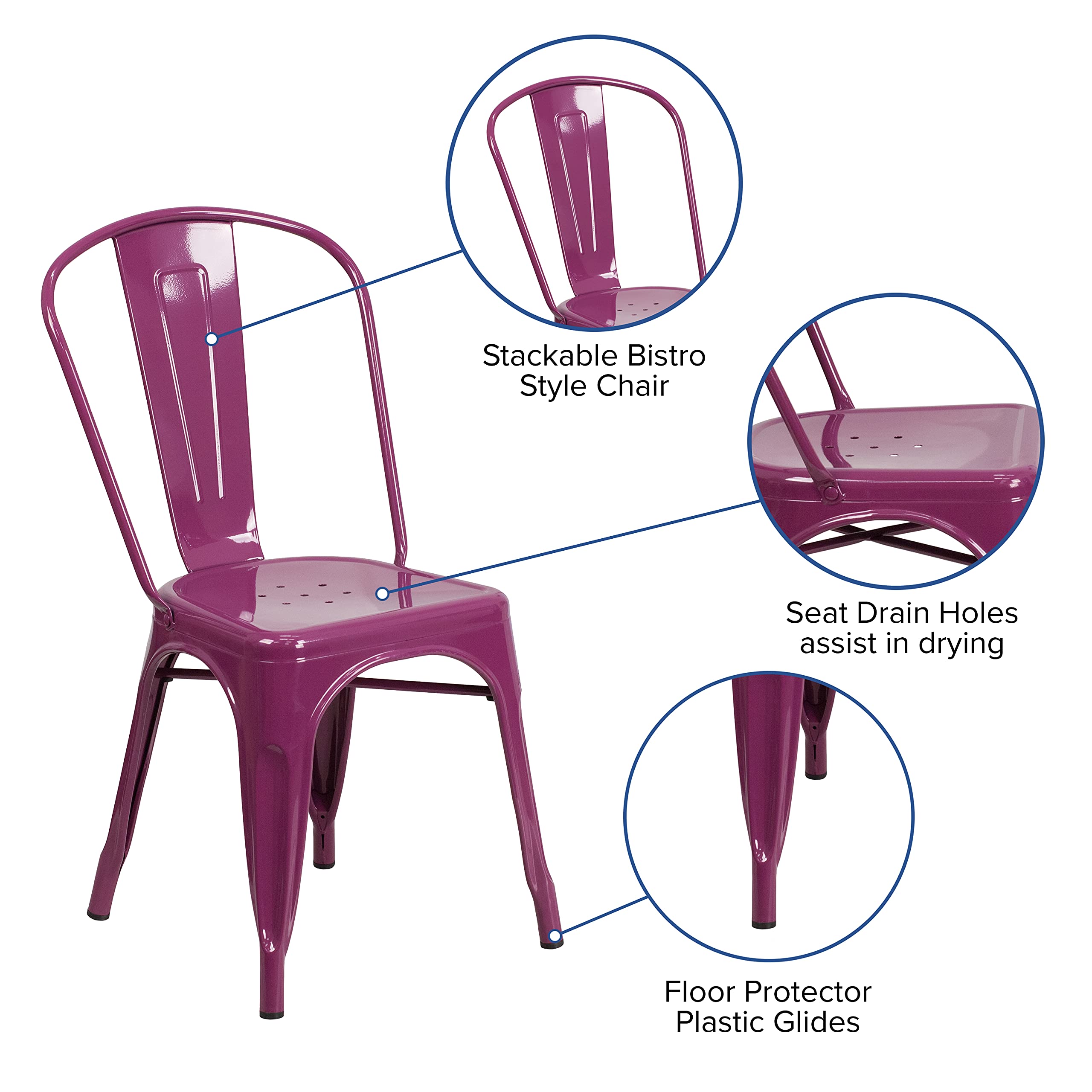 Flash Furniture Commercial Grade 31.5&quot; Square Purple Metal Indoor-Outdoor Table Set With 4 Stack Chairs