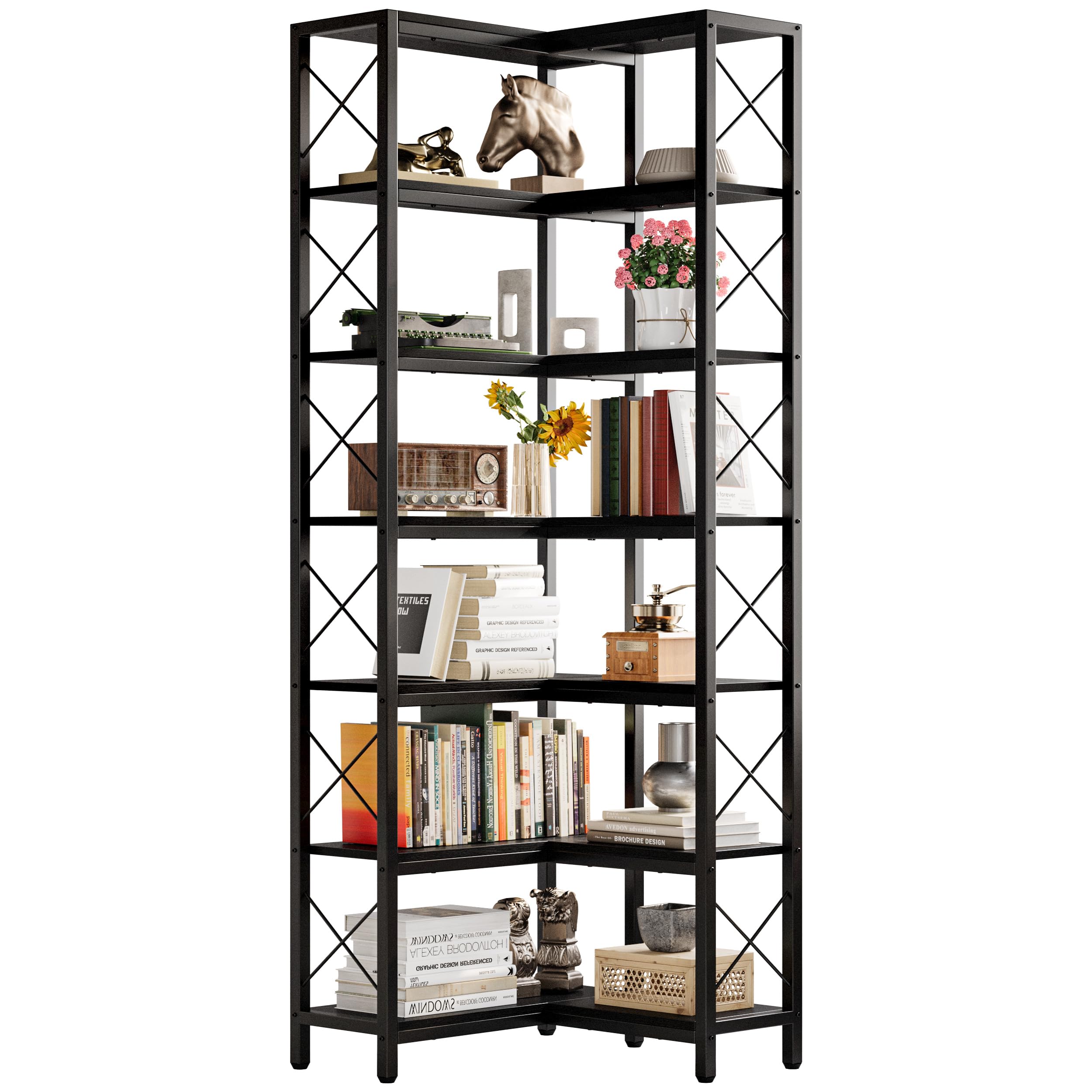 IRONCK Corner Bookshelf, 7-Tier Industrial Corner Bookcase, Tall Corner Shelf Storage Display Rack with Metal Frame for Living R