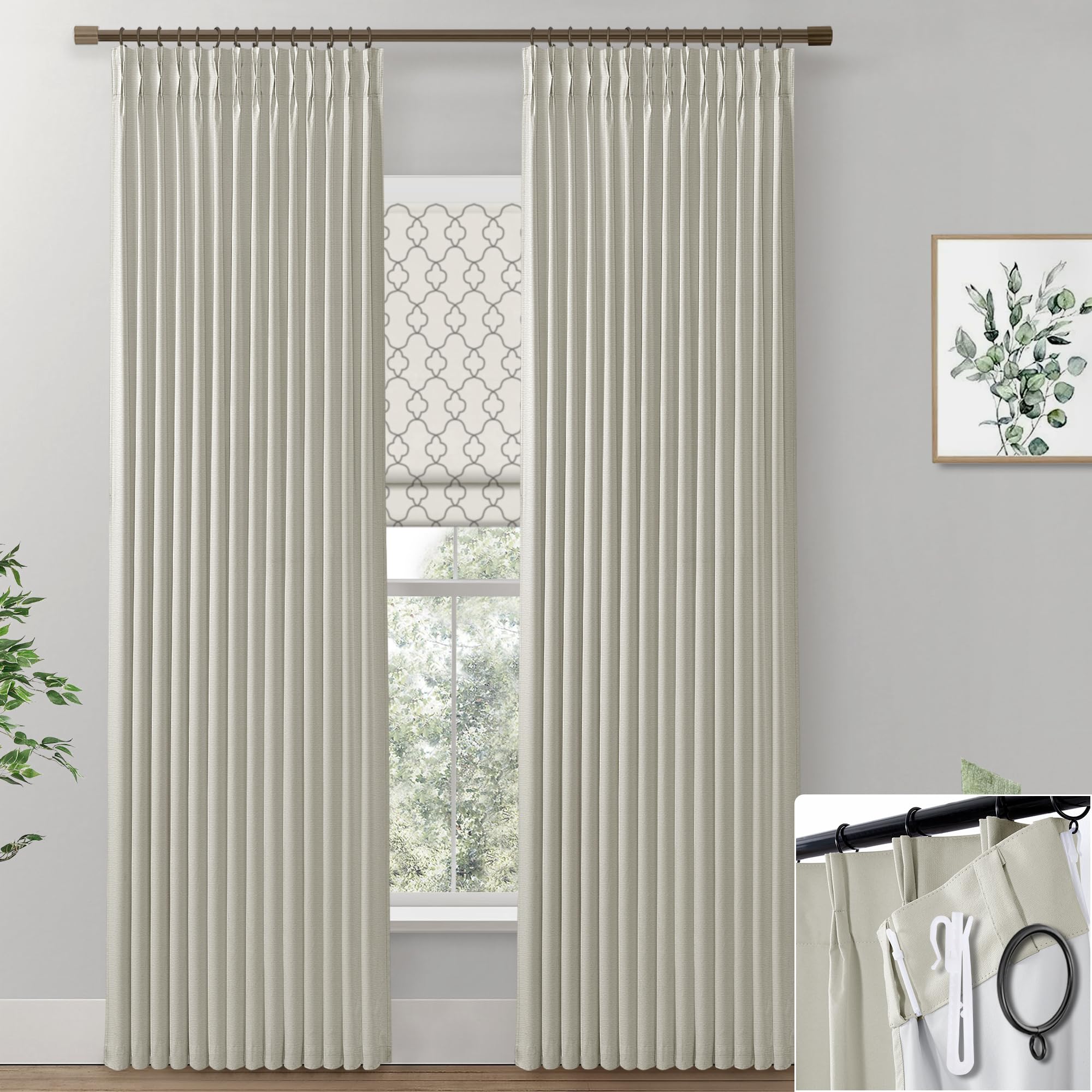 Shineland 8Ft Bay Window Curtains 2 Panel Sets For Living Room 96 Inch Length,8 Foot Ft Linen Pinch Pleated To 98 Inch Long Blackout Farmhouse Drop Cloth Curtains