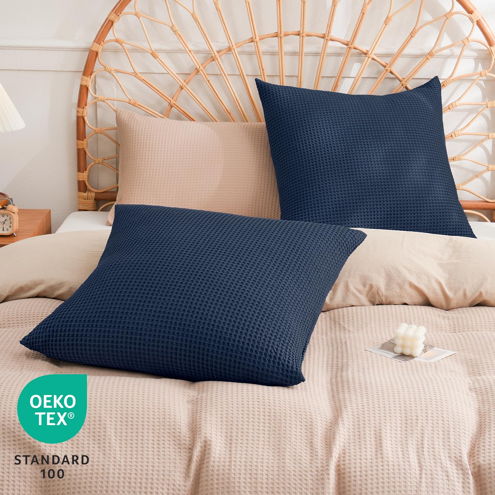 Phf 100% Cotton Waffle Weave Euro Shams 26' X 26', No Filling, 2 Pack Elegant Home Decorative Euro Throw Pillow Covers For Bed Couch Sofa, Dark Navy