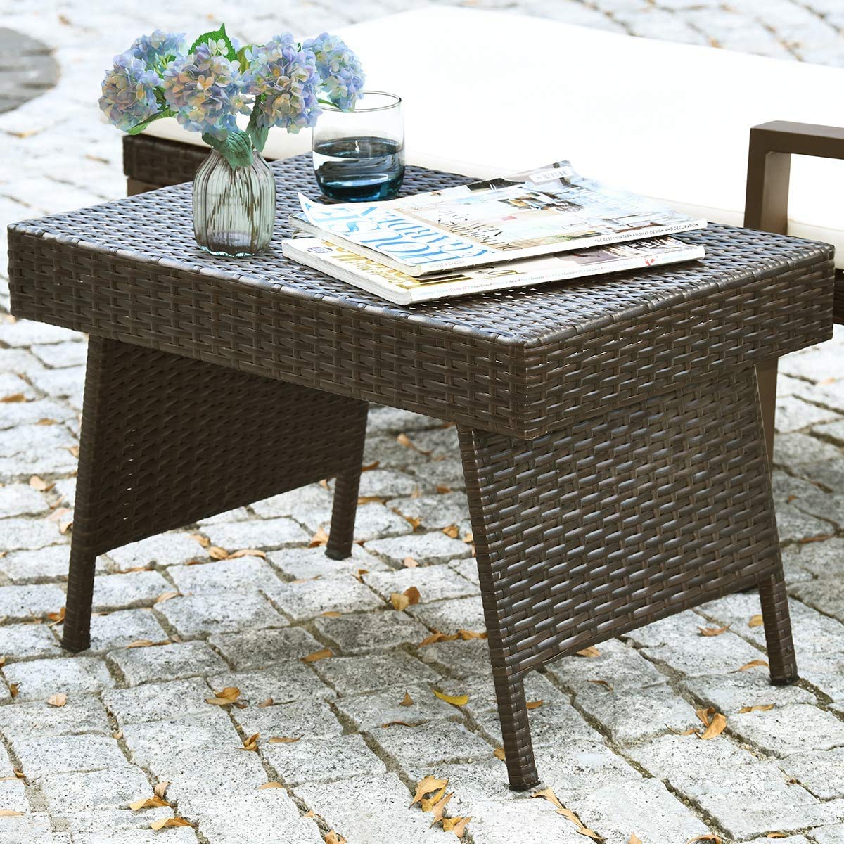 Goflame Wicker Table Patio Outdoor Poolside Garden Lawn Bistro Foldable Portable Leisure Standing Coffee Side Table, Espresso Brown