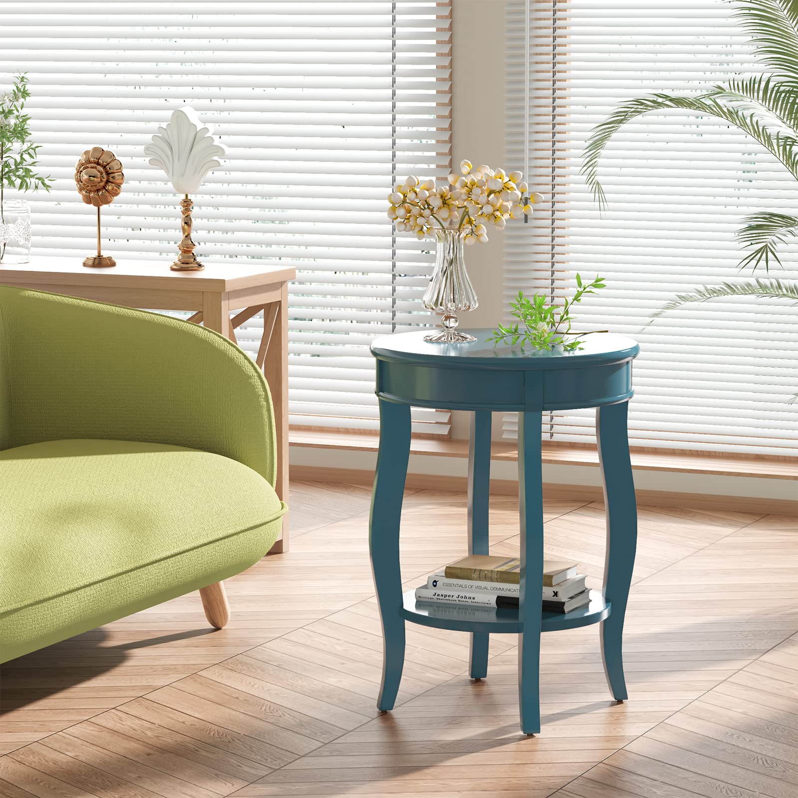 Acme Aberta Wooden Round End Table With Bottom Shelf In Teal