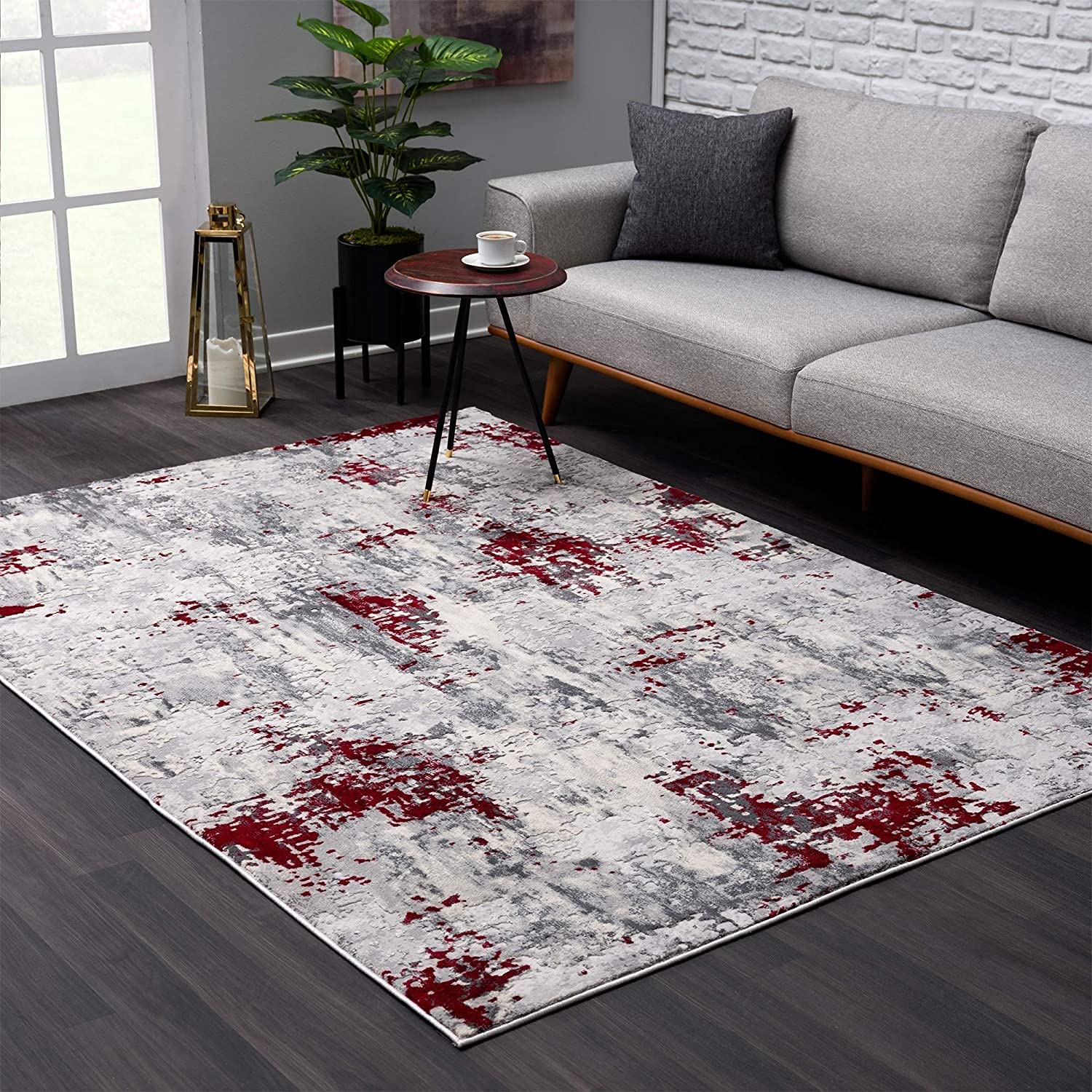 HomeRoots 100% High Grade Polypropylene 8â€ x 11â€ Red and Gray Modern Abstract Area Rug