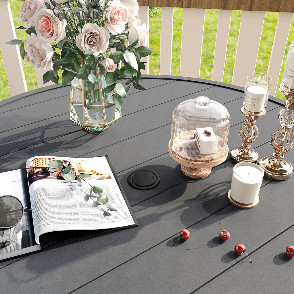 Vicllax 53' Outdoor Round Patio Table For Lawn Garden, All Weather Metal Black Round Patio Dining Table With Adjustable Umbrella Hole, Patio Table For 8 Person, Grey Tabletop