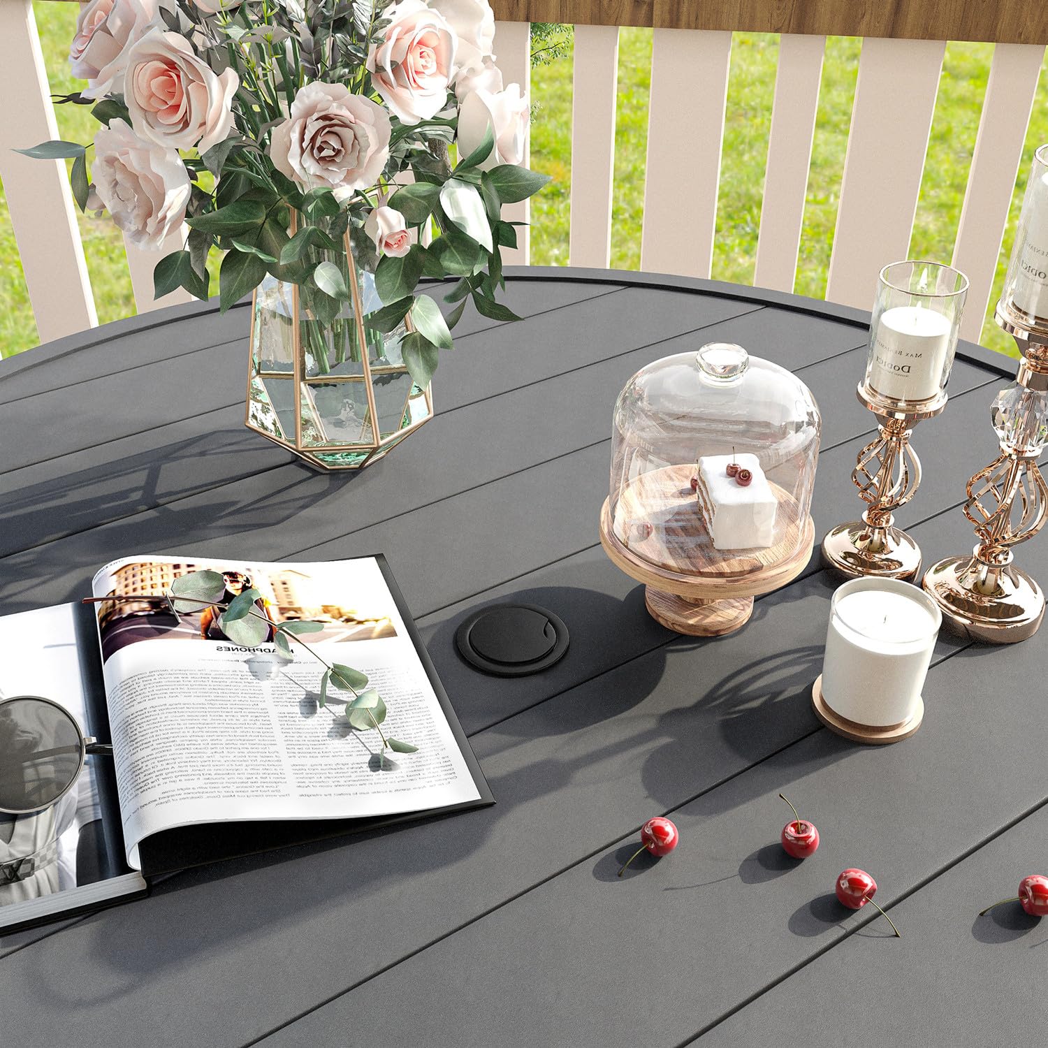 Vicllax 53' Outdoor Round Patio Table For Lawn Garden, All Weather Metal Black Round Patio Dining Table With Adjustable Umbrella Hole, Patio Table For 8 Person, Grey Tabletop