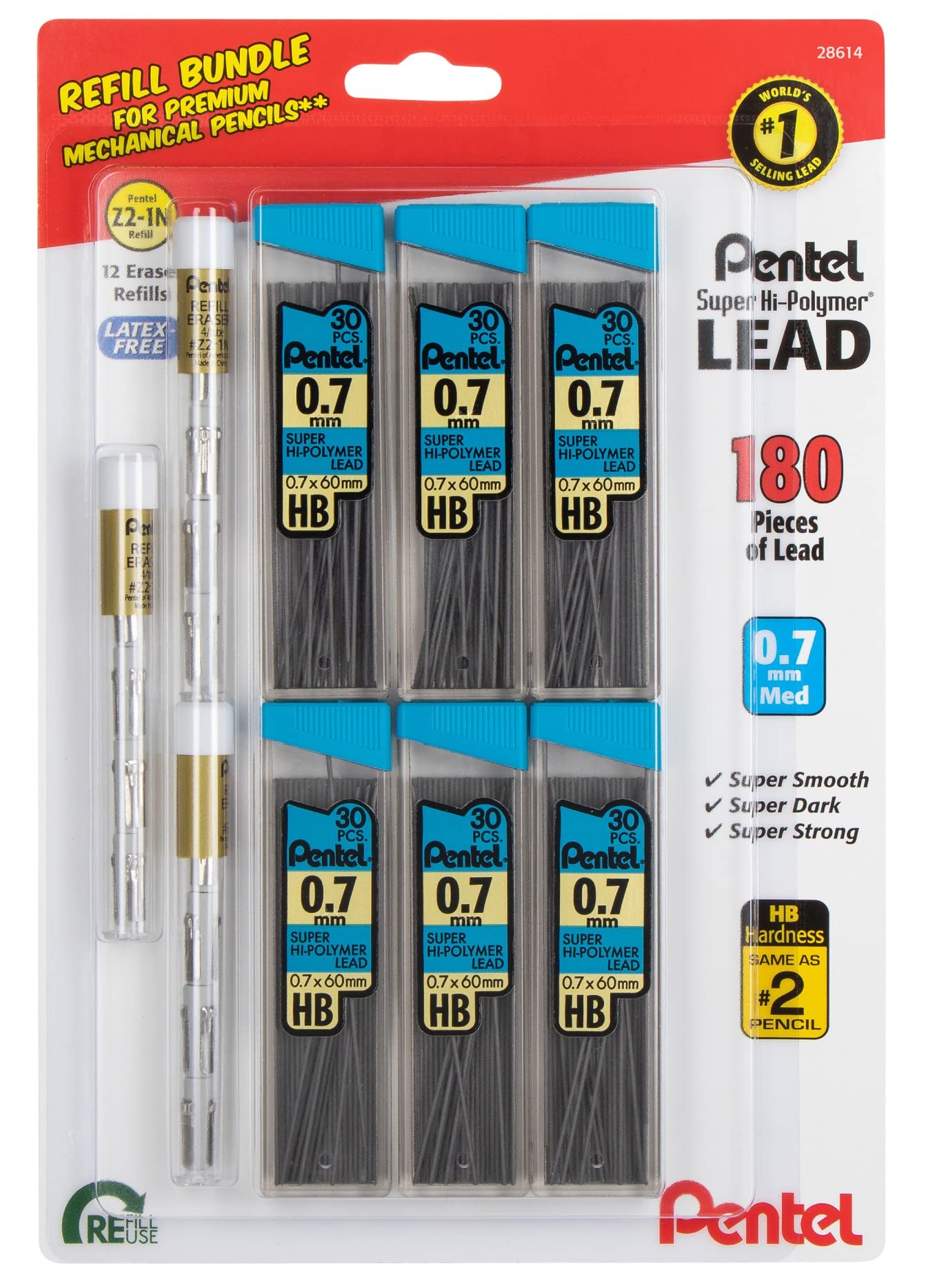 Pentel 7Mm Lead Refill And Eraser Pack For Mechanical Pencils - Super Hi-Polymer - Value Pack - 6 Packs Of 0.7 Lead Refills (30