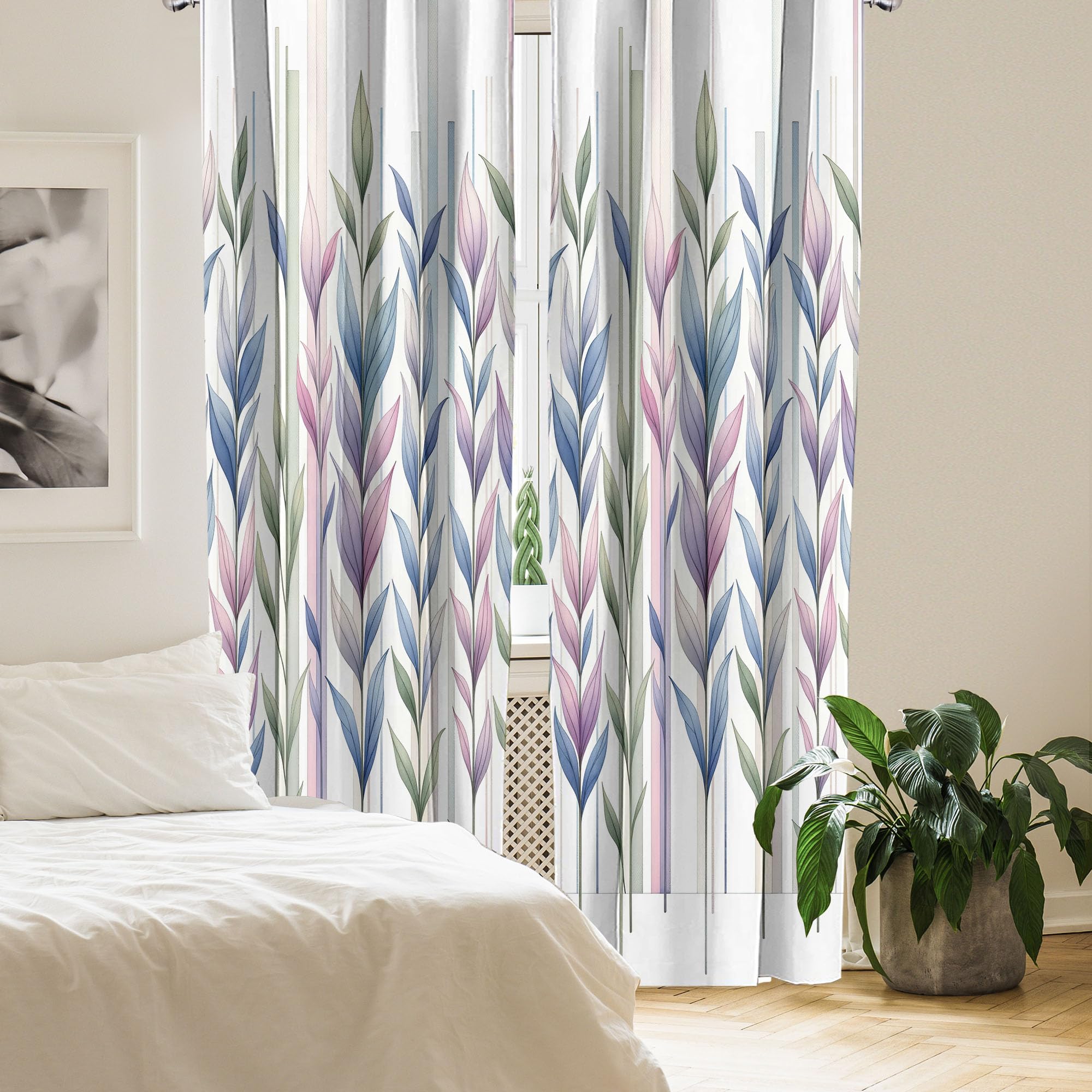Ambesonne Leaves Window Curtains Pack Of 2, Watercolor Style Tall Leafy Branches On Bar Look Striped Pastel Colorful, Lightweigh