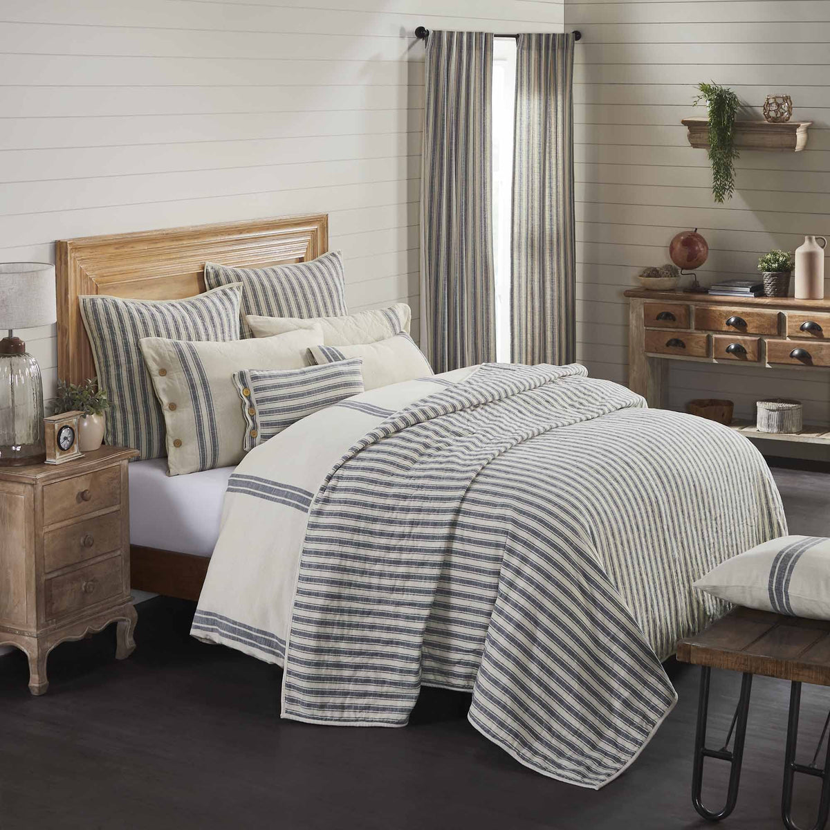 Piper Classics Market Place Blue Ticking Stripe Full/Queen Quilt