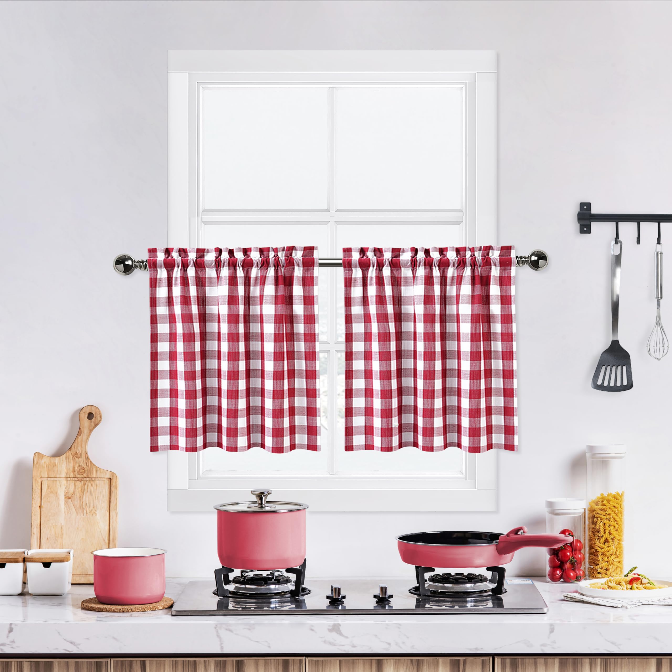 Bapawfish Red Burgundy Buffalo Plaid Check Tier Curtains 24 Inches Long For Kitchen,Gingham Farmhouse Rod Pocket Half Window Caf