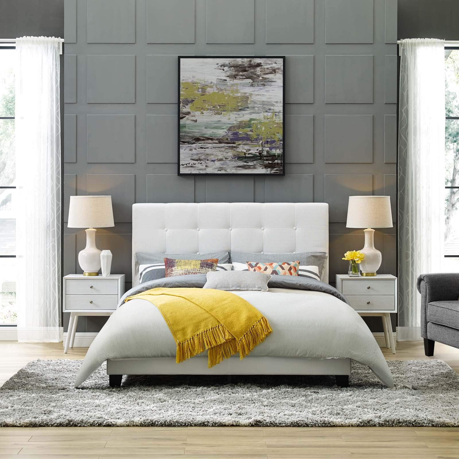 Modway Melanie Tufted Fabric Upholstered Queen Platform Bed In White