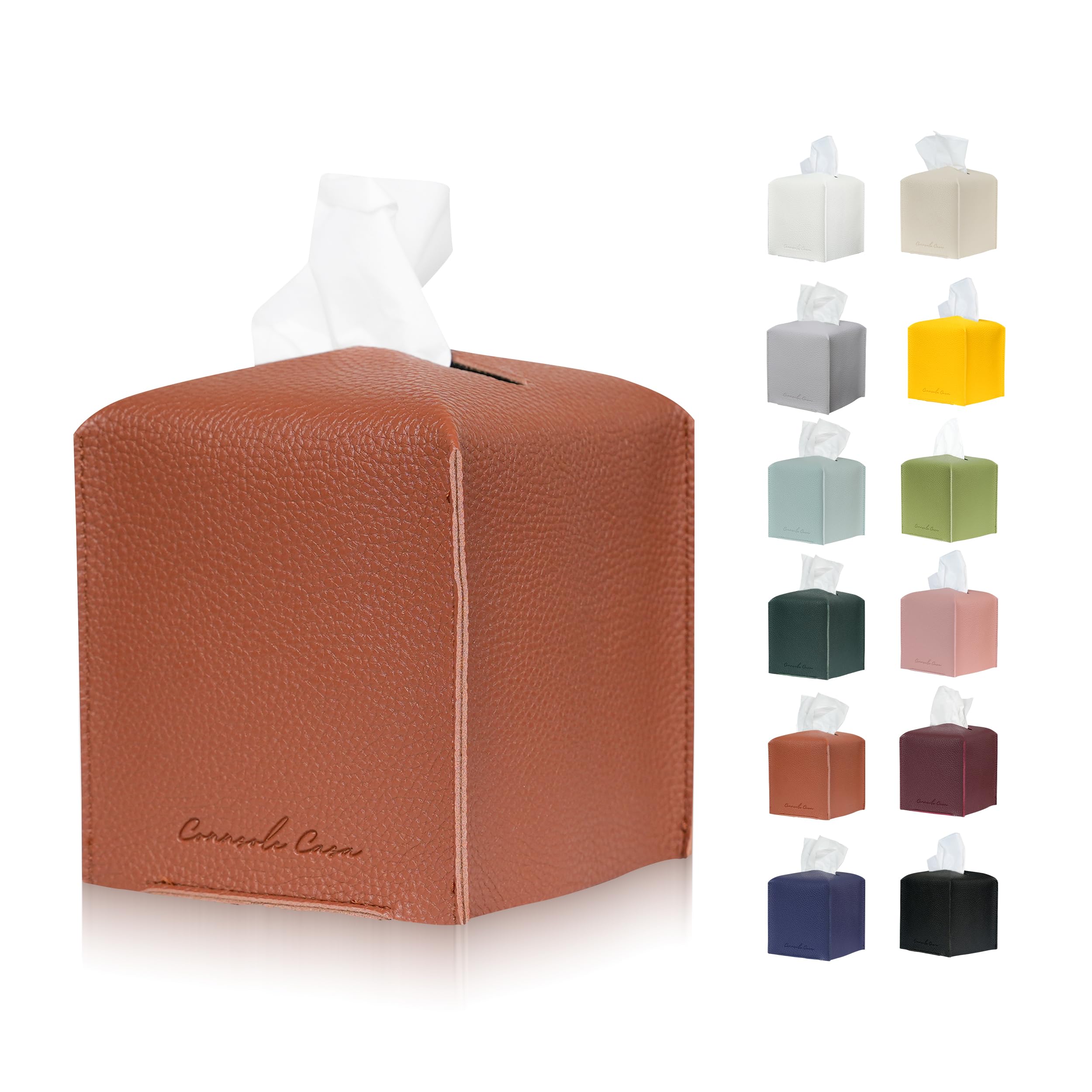 Connsole Casa Premium PU Leather Tissue Box Holder - Elegant Hotel-Style Camel Tissue Box Cover for Enhanced D  cor of Home, Off