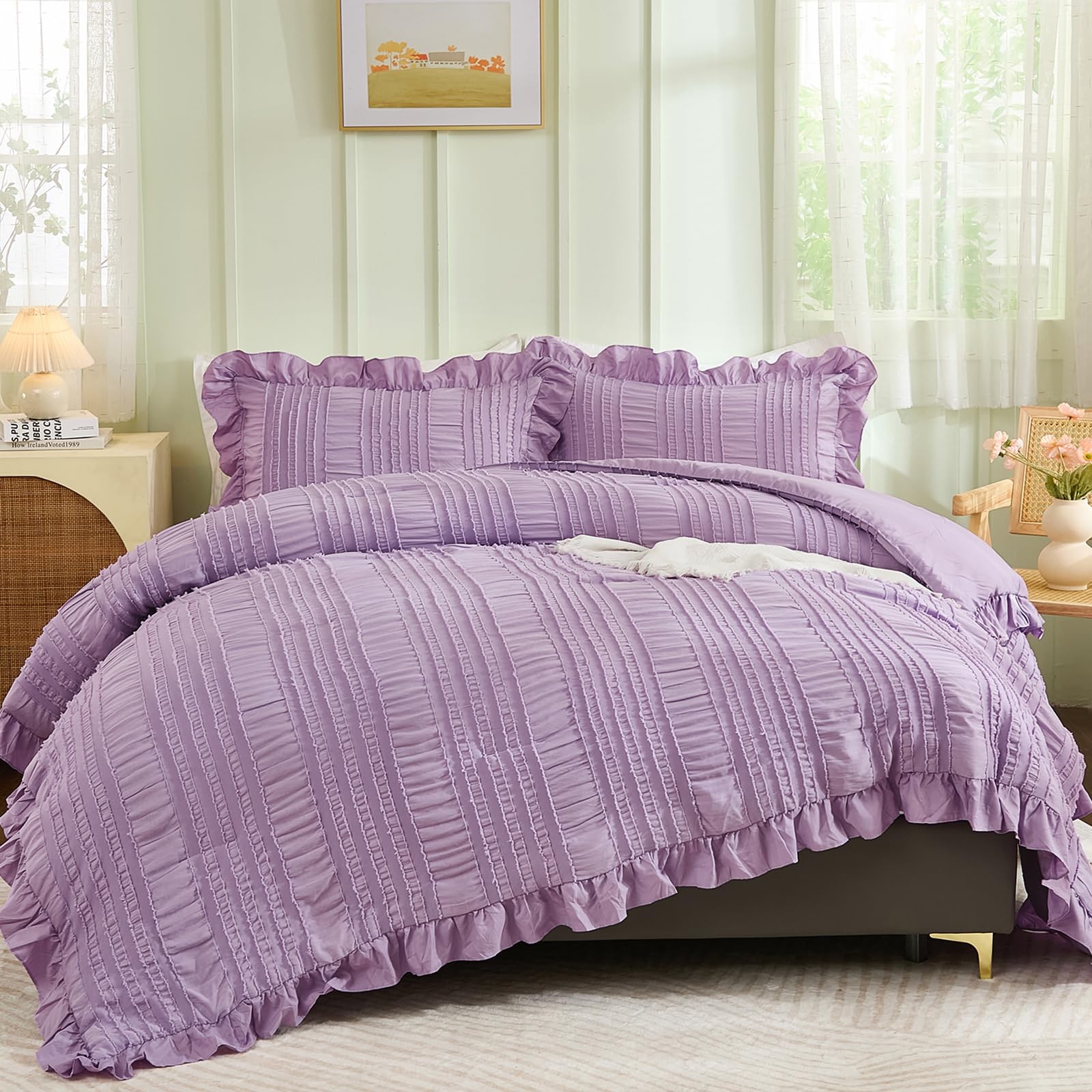 Wongs Bedding Purple Comforter Set Queen,3 Pieces Ruffle Farmhouse Shabby Chic Comforter For Queen Bed,Soft Seersucker Textured