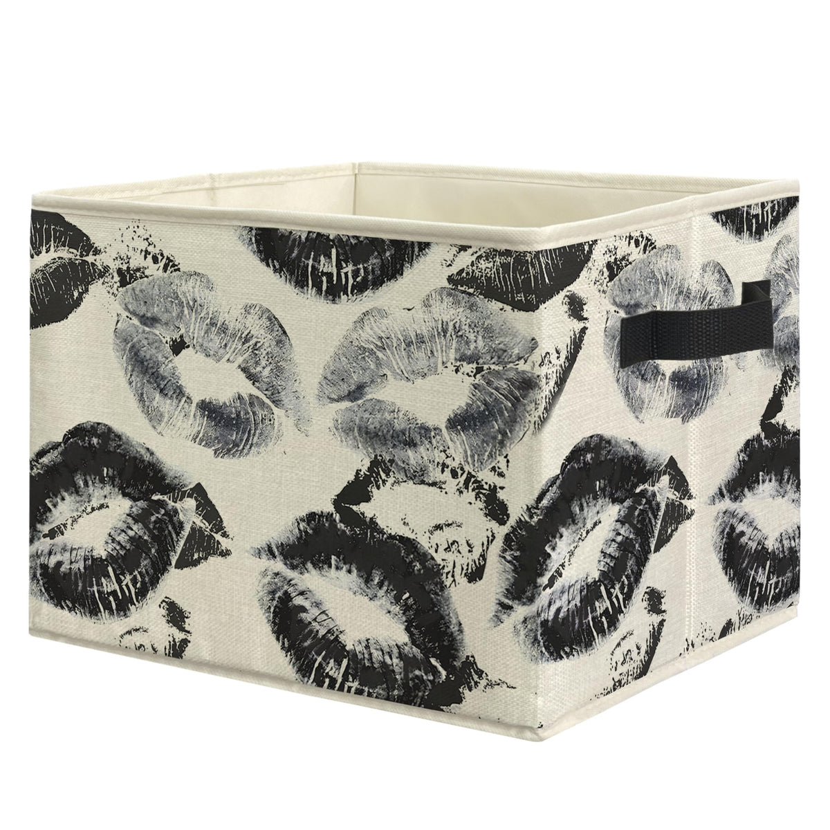 EVIHCG Retro Lip Print Storage Bins Box with Handles, Black and White Trendy Kiss Lipstick Print Collapsible Laundry Basket Hamp