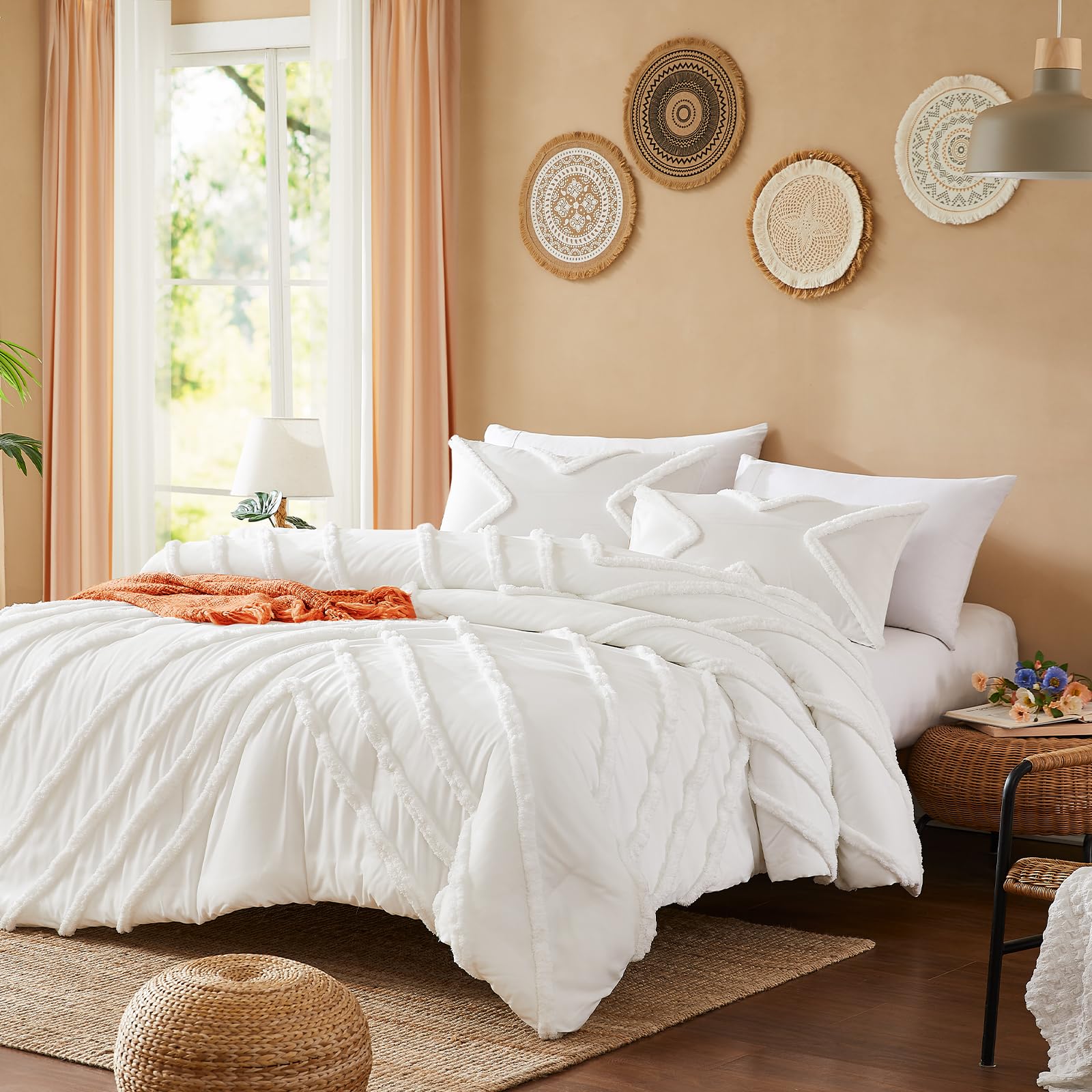 Cupocupa Queen Comforter Set Ivory Tufted Comforters Sets Bedding For Queen Bed 3Pcs Boho Comforter Soft Fluffy Lightweight Comf